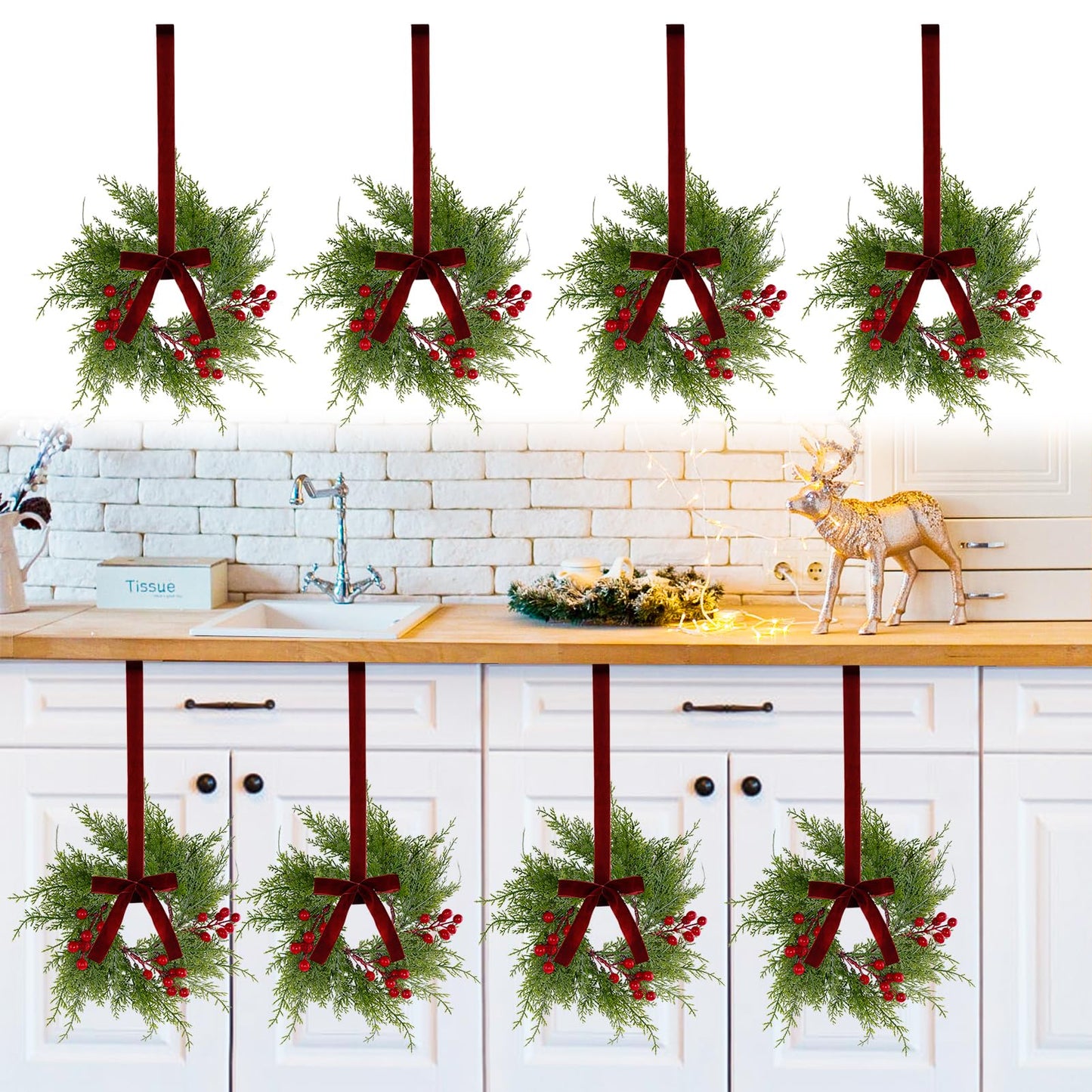 8Pcs Small Christmas Wreaths for Kitchen Cabinets - 9 Inch Mini Wreaths for Cabinets with Berry and Ribbon, Artificial Farmhouse Wreath Hanging Wreaths for Fireplace Front Door Chair Window Porch Wall