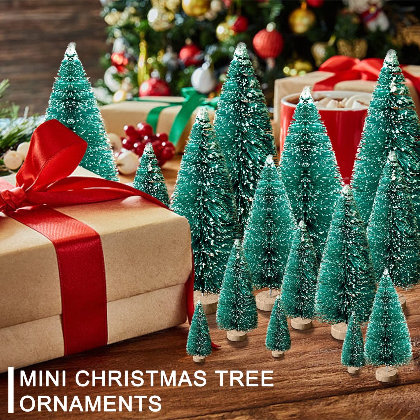 30Pcs Mini Christmas Trees - Artificial Christmas Tree Bottle Brush Trees,Sisal Snow Trees with Wooden Base for Christmas Decor Party Home Table Craft Decorations(Green)