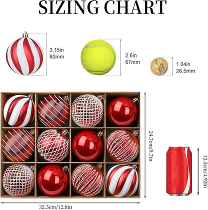 SHareconn 80mm Christmas Balls Ornaments,12PCS Colored Shatterproof Plastic Decorative Hanging Tree Decorations Baubles Set for Xmas Tree Decor Holiday Party Wedding Decoration with Lanyard, Red&White