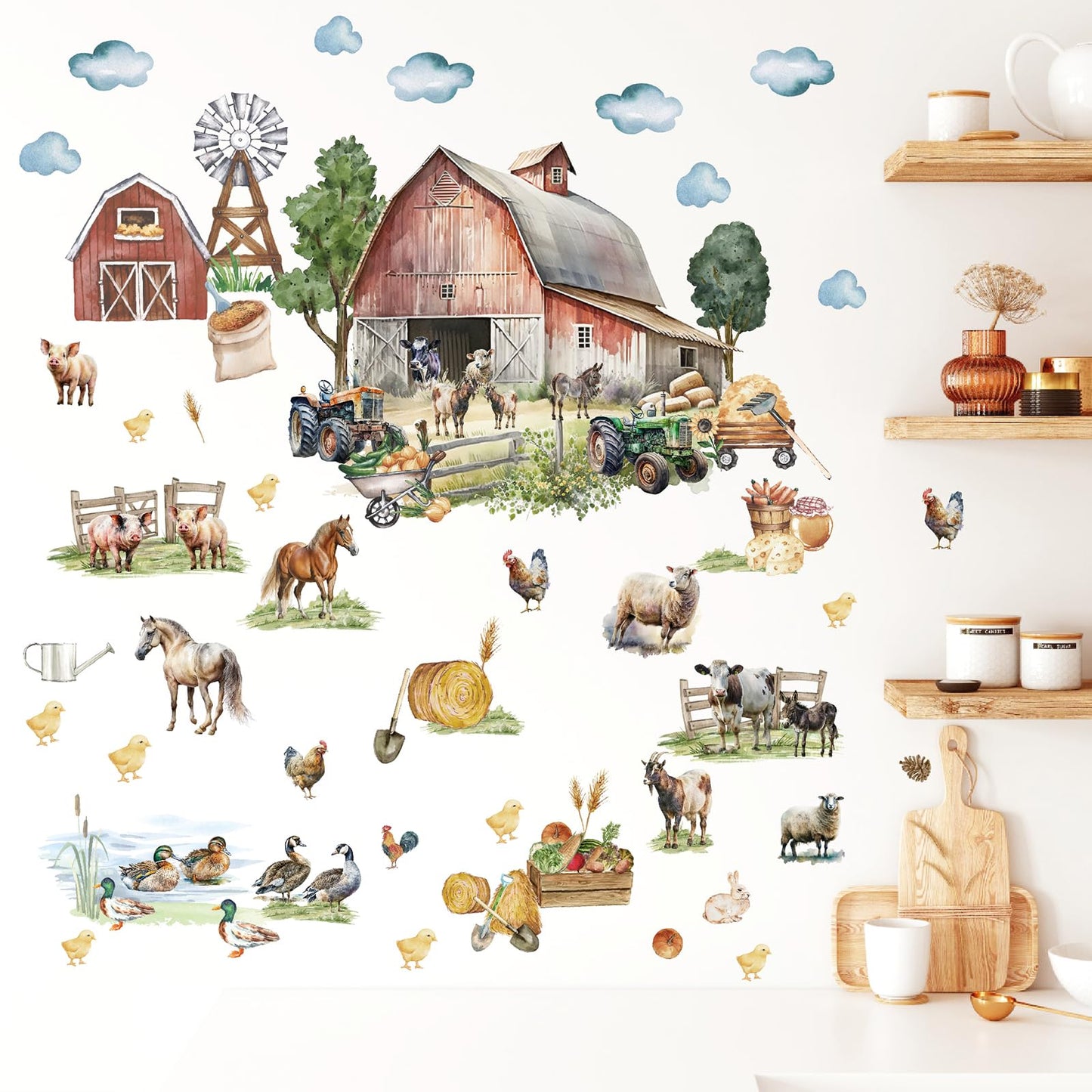 Large Farm Animal Wall Decals Peel and Stick Funny Animal Wall Stickers Farmhouse Decoration Sheep Chicken Rooster Duck Horse Pig Cow Cute Farm Wall Stickers for Kids Room Playroom Kitchen Decor