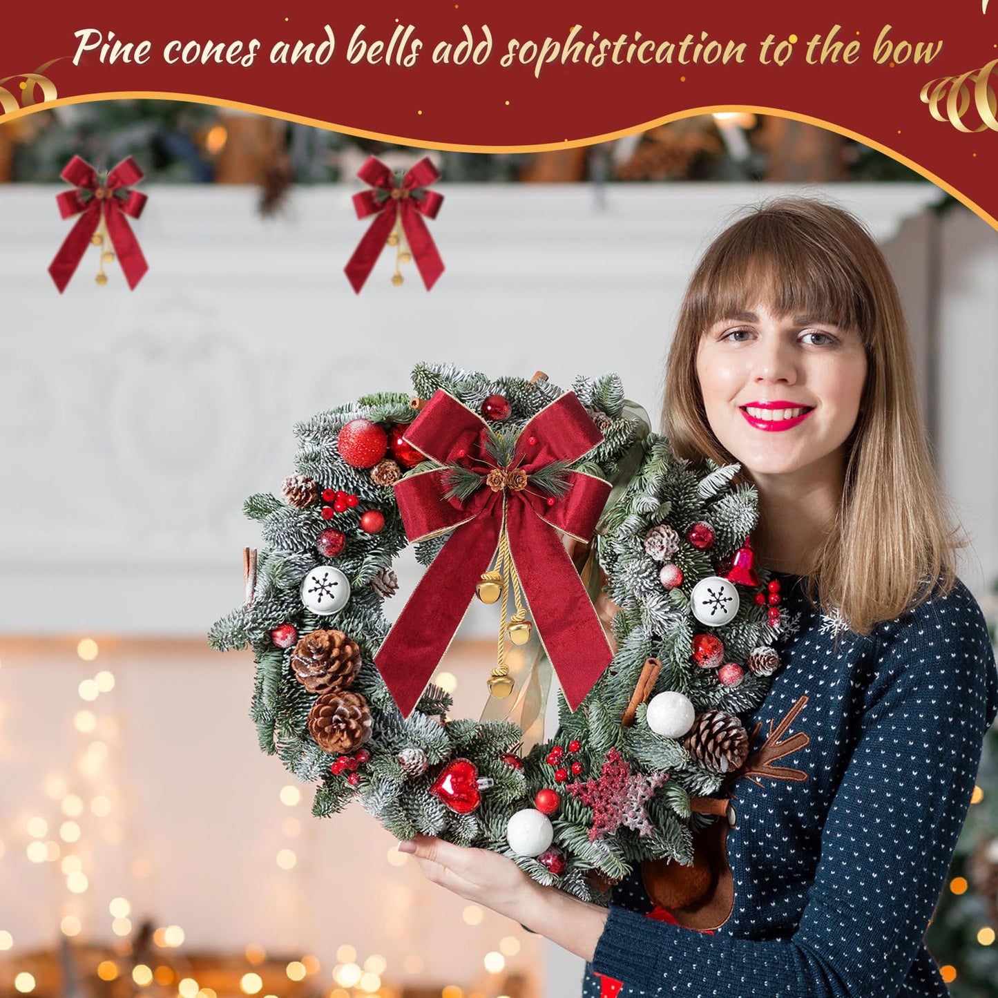 Yinkin Christmas Tree Wreath Bow Christmas Ribbon Bows with Bells 11 x 7.8 in Velvet Pine Cone Bowknot Xmas Tree Hanging Ornaments Decor for Home Xmas Party Outdoor Indoor(Burgundy,4 Pcs)