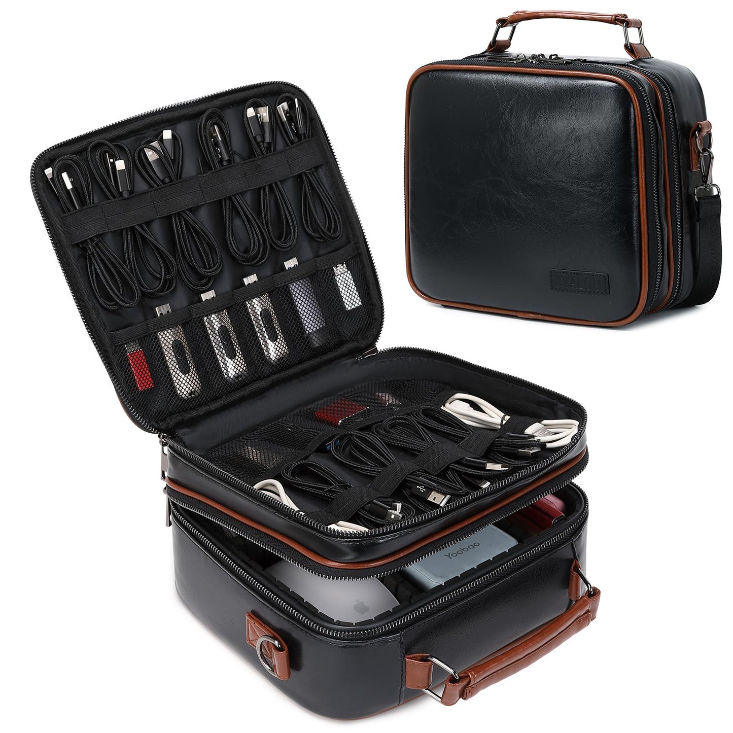 KYALOU Electronics Travel Organizer, Large Electronic Accessories Cable Case with Adjustable Dividers, Waterproof Tech Storage Bag Gifts with Double Layers for Cord, Charger, Power Bank - Black