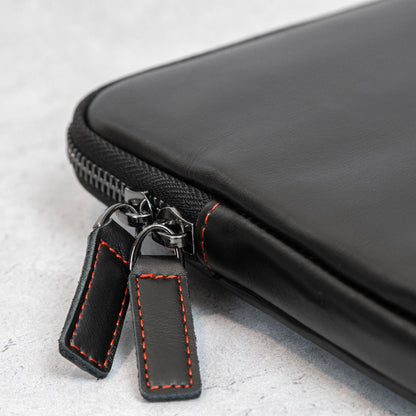 Casemade Real Leather Laptop Case/Zipped Folio Bag with Inner Pocket & Wool Lining Compatible with Apple MacBook, HP, Dell, Asus, Levovo (14 Inch - Black)