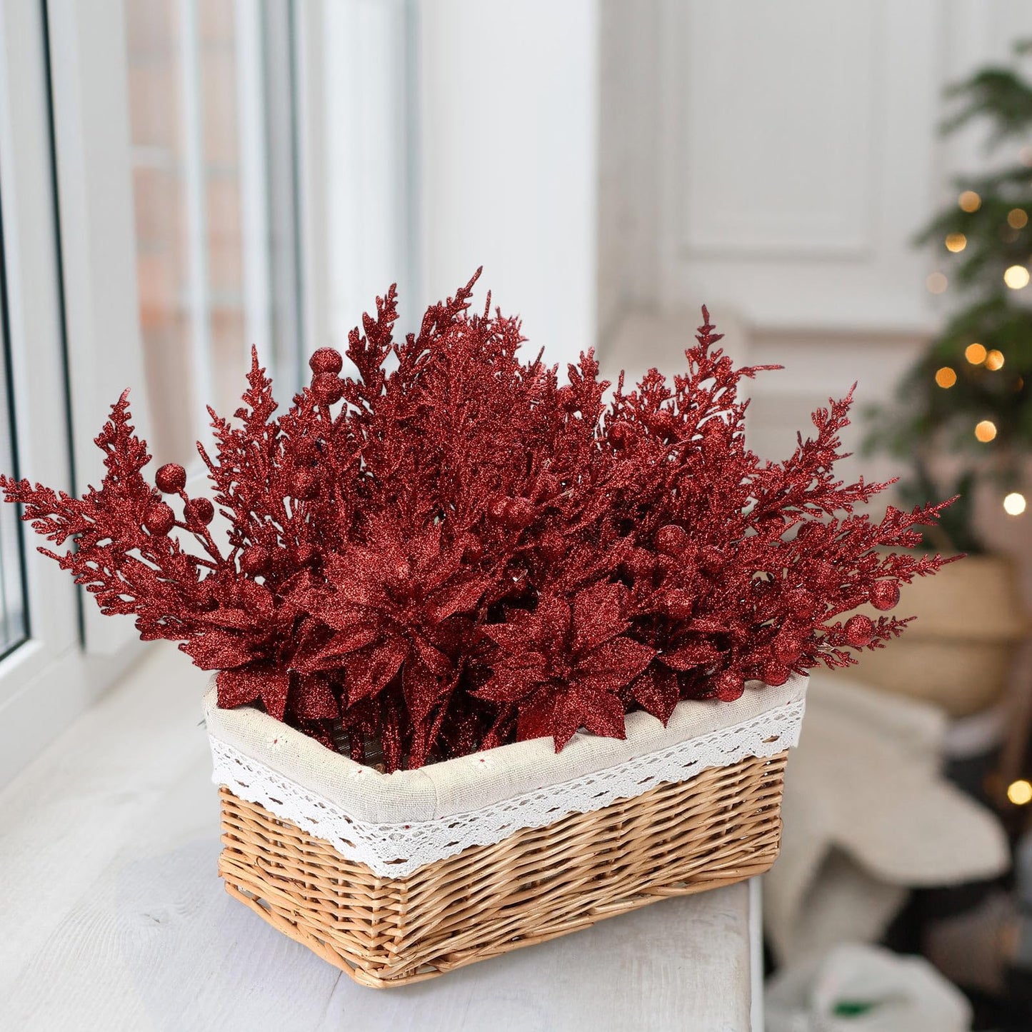 FineCheer 12 Pcs Glitter Christmas Picks Decoration Artificial Berry Branches Pine Needles Spray and Poinsettia Flowers Christmas Tree Ornaments for Xmas Decor Wreaths Wreath Vase Fillers(Burgundy)