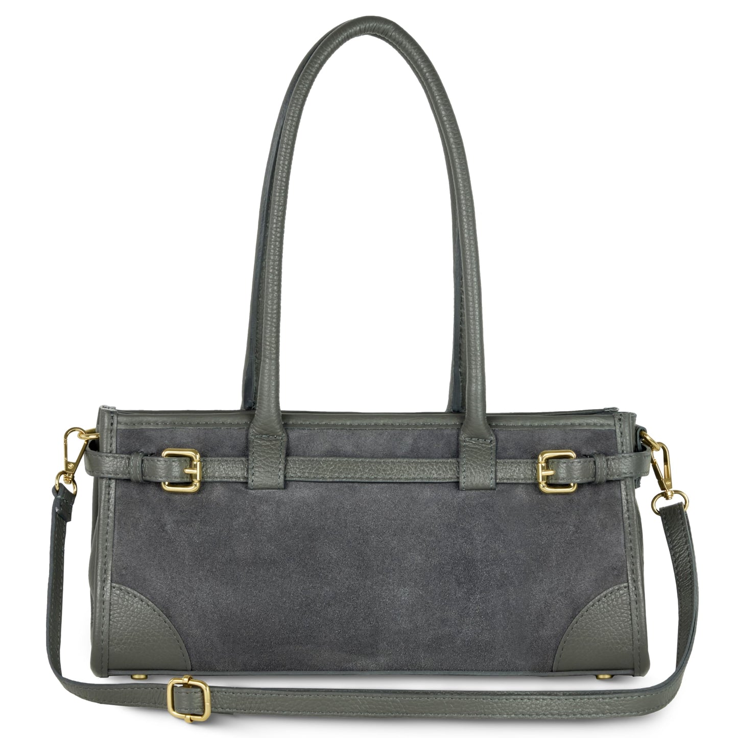 Italian Genuine Suede Compact Bag for Women with Leather Trim | Rectangular Structured Shoulder Crossbody Purse (Dark Grey)