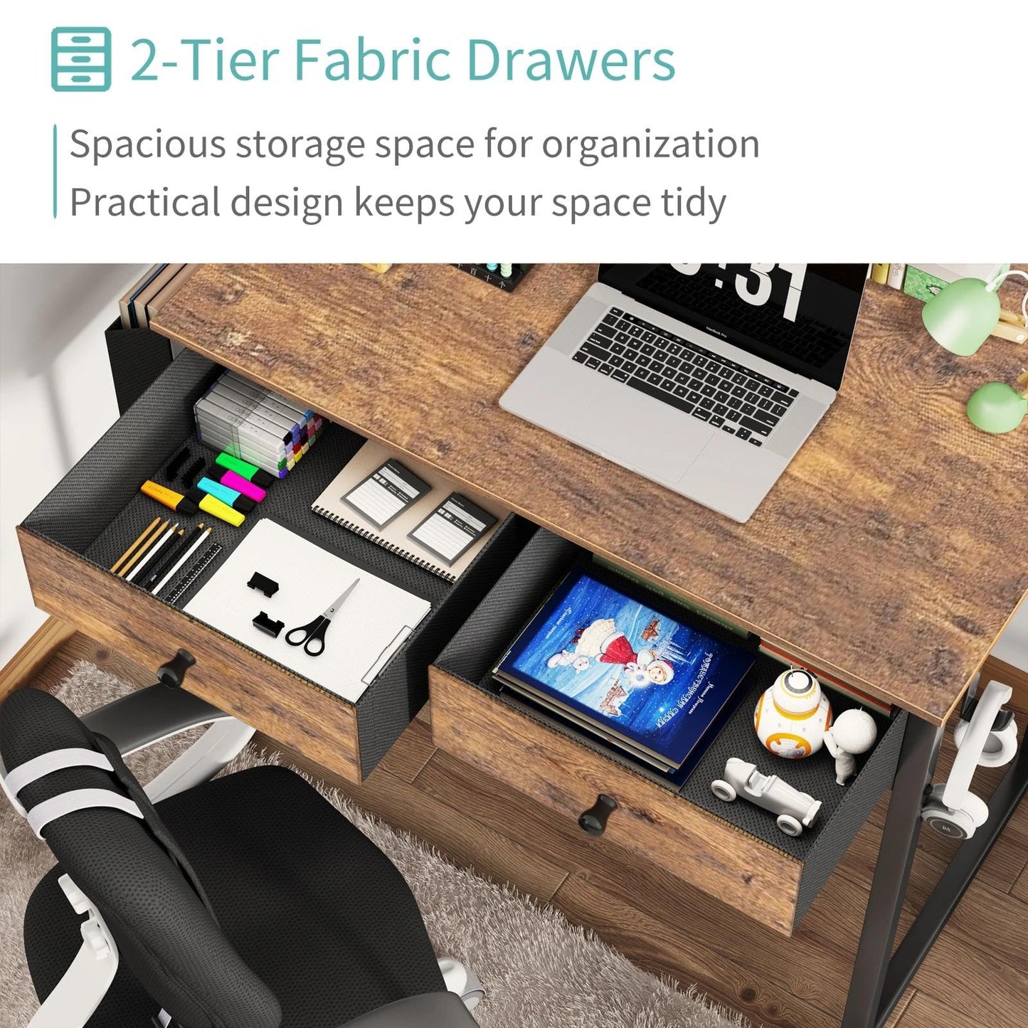 Lufeiya Small Computer Desk with 2 Drawers for Bedroom, 31 Inch Home Office Desk with Storage Fabric Drawer and Bag, Study Writing Table for Small Spaces, Rustic Brown