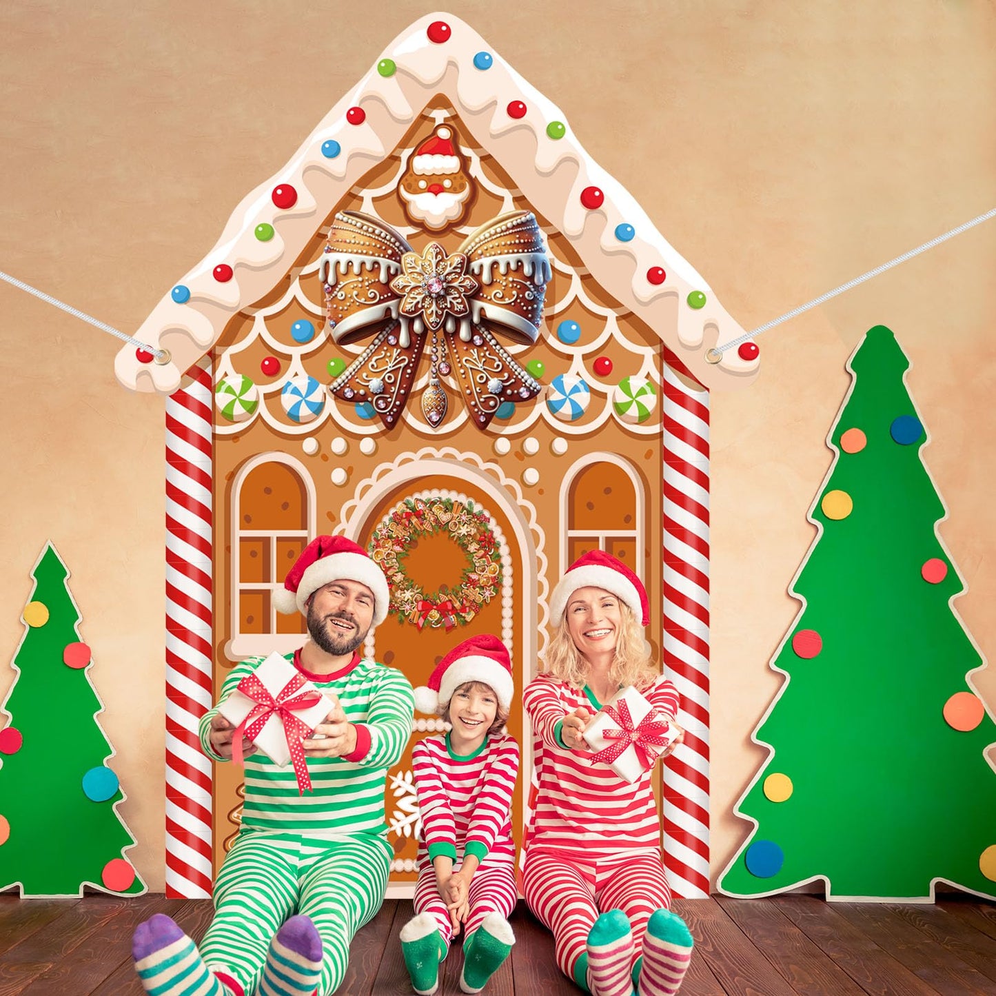 Panelee Large Christmas Gingerbread House Decorations, Gingerbread House Backdrop Photo Prop, 8 x 6 ft Fabric Xmas Candy Backdrop Decor for Holiday Party Decor