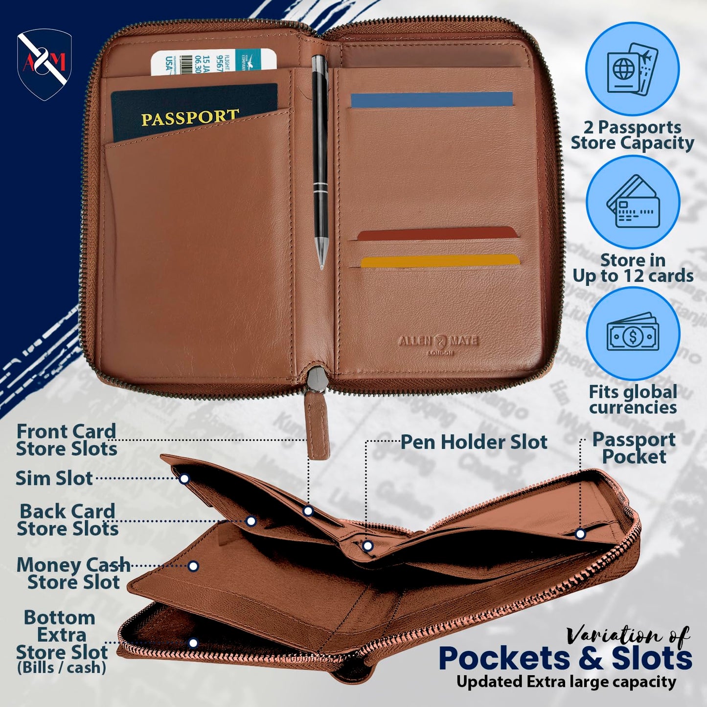 ALLEN & MATE 100% Leather Passport Holder for Travel RFID Blocking Passport Wallet for Men & Women - Zippered Compact Travel Document Organizer Fits Cash, Cards, SIM, ID and Tickets