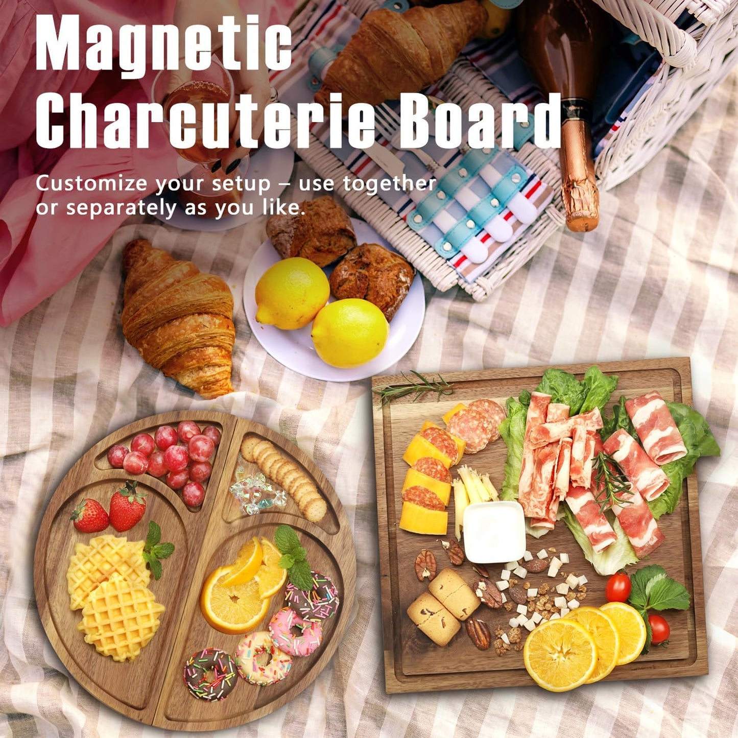 Extra Large Magnetic Charcuterie Board Cheese Board Gift Set 3 Part Square & Round & Heart Shaped Charcuterie Cheese Boards Wooden Tray Serving Board Platter for Valentine (Acacia-Wood)