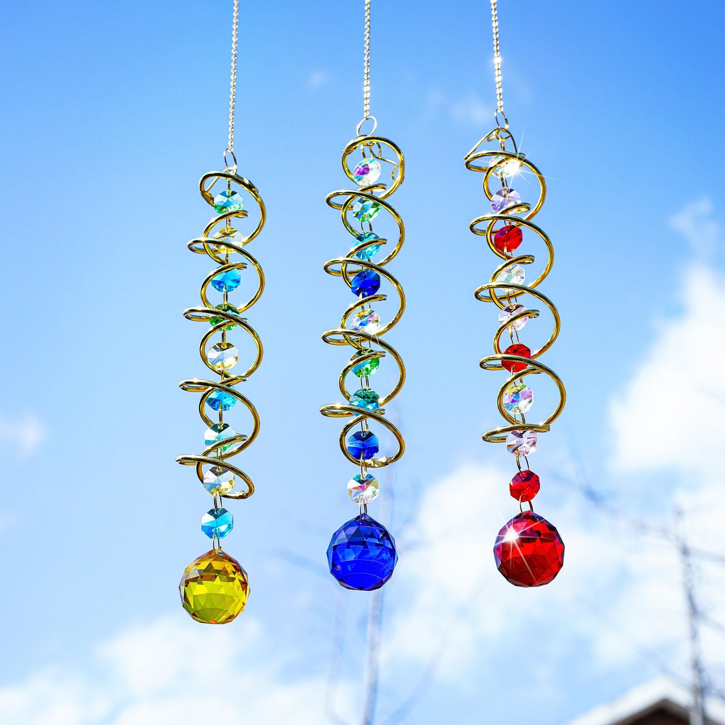 H&D HYALINE & DORA Glass Gazing Ball Spiral Tail Decorative Sun Catcher,20.5in Rainbow Maker Double-Spiral W/Yellow Crystal Ball Prism Sun Catcher for Indoor Outdoor Garden Decoration