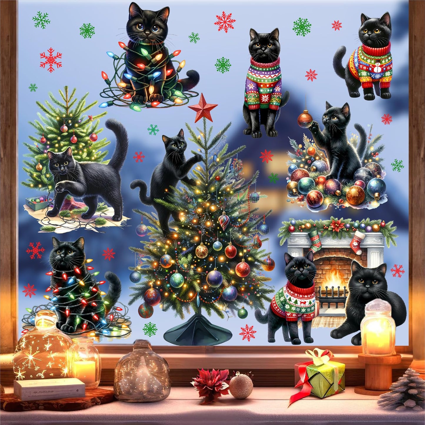 Christmas Decoration Window Clings Black Cat Window Sticker Indoor Removable Christmas Tree Static Decals Double-Sided Reusable Snowflake Vinyl Stickers for Home 2026 New Year Winter Holiday Supplies