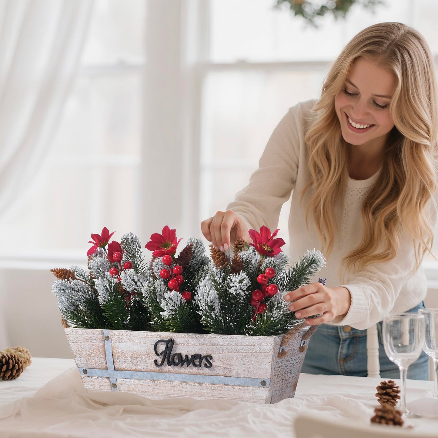 Artificial Christmas Centerpiece with Snowy Norfolk Pine Garland, Poinsettias, Berries & Pine Cones in Rustic Wood Planter – Holiday Table Decoration for Home, Kitchen, Office, or Mantel