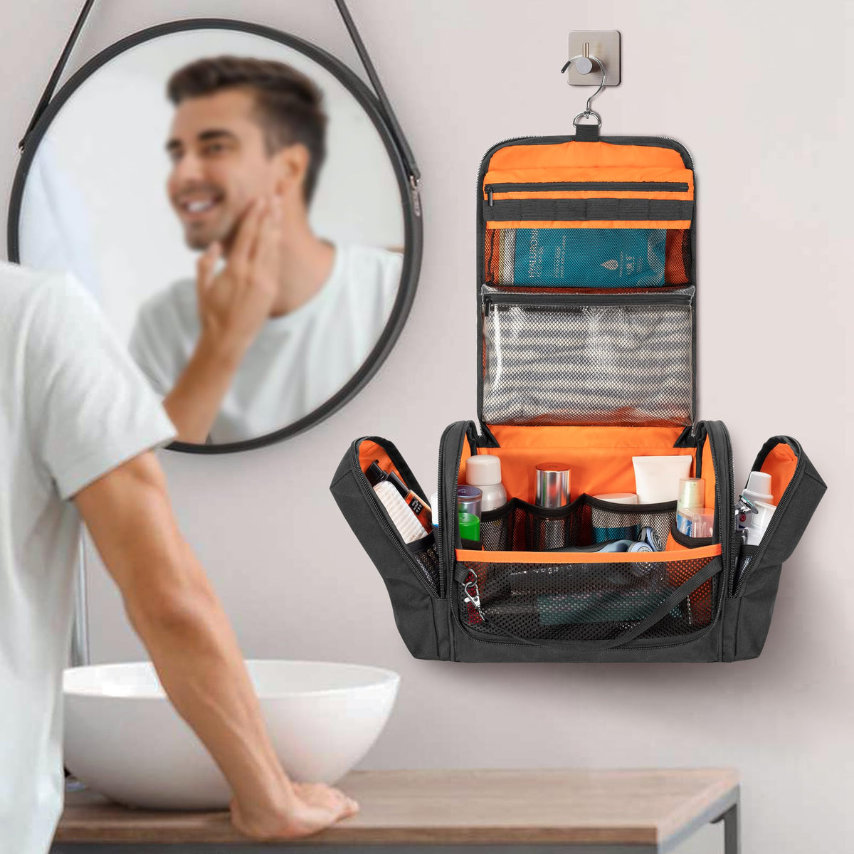 Prokva Tactical Toiletry Travel Bag for Men, Hanging Dopp Kit Hygiene Bag Shower Organizer with Hook for Toiletries and Shaving Care, Black (Empty Bag)