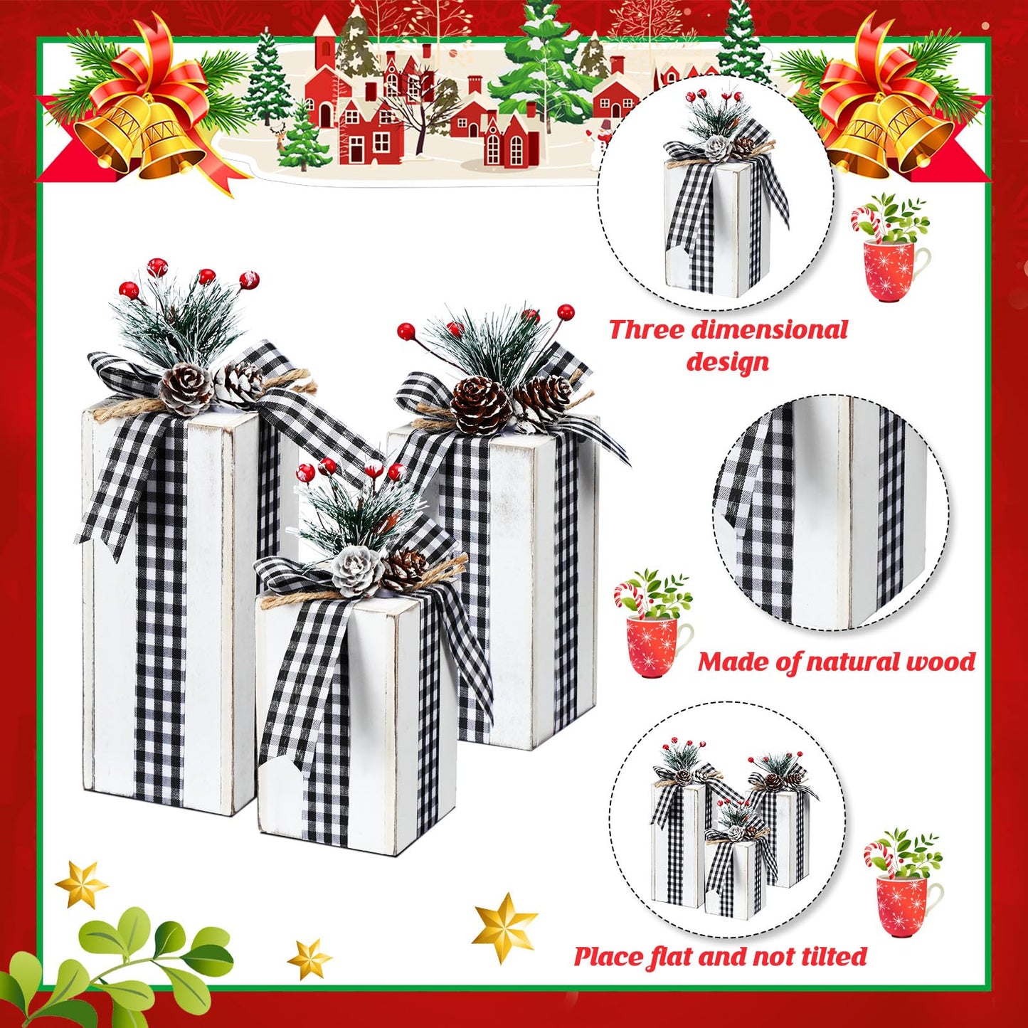 Amyhill 3 Pcs Christmas Wooden Gifts Box Decor Christmas Plaid Presents Table Centerpieces Rustic Wooden Gifts Tiered Tray Decor with Buffalo Plaid Bowknot for Xmas Party (White,Fashion)