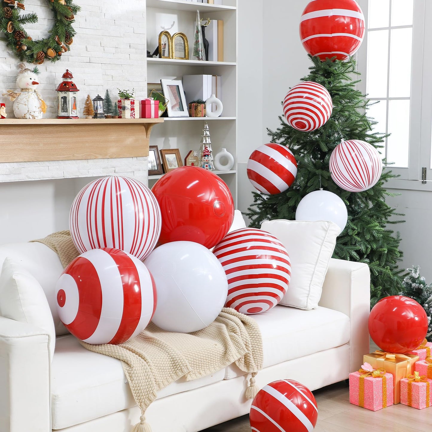 Jetec 12 Pcs 24 Inch 16 Inch Giant Inflatable Christmas Balls Ornaments Large PVC Inflatable Ball Decorations for Xmas Tree Holiday Yard Lawn Porch Outdoor (Red and White,Candy Cane)