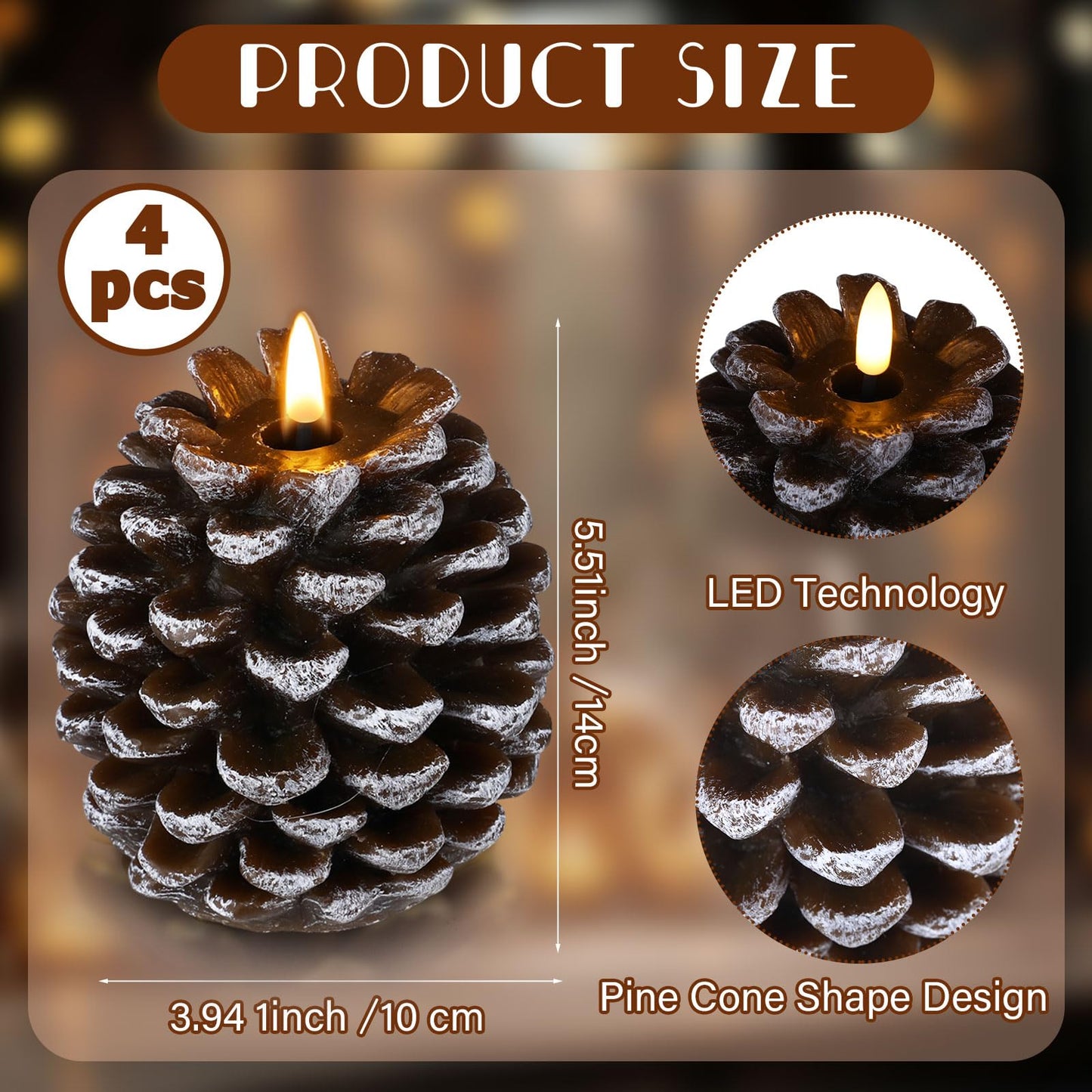 Baquler 4 Pcs LED Pine Cone Candles, Battery Operated, Flameless, Real Wax Pine Cone Candles with LED Flickering for Christmas Party Decoration