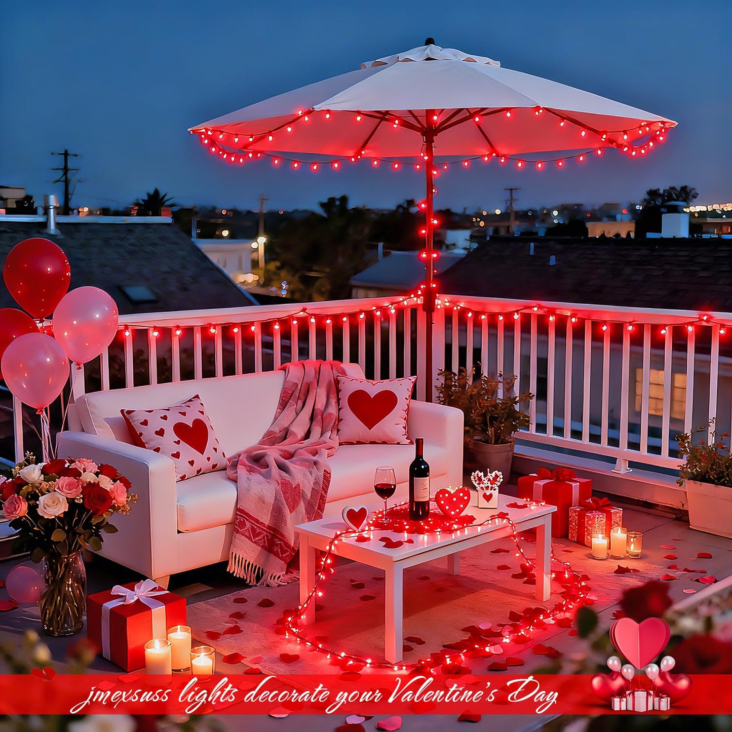 JMEXSUSS 2 Pack 100 LED Red Christmas Lights for Valentines, Each 33 FT Christmas Lights Battery Operated, Red Battery Light Indoor Outdoor Waterproof for Tree House Valentines Porch Yard Decor