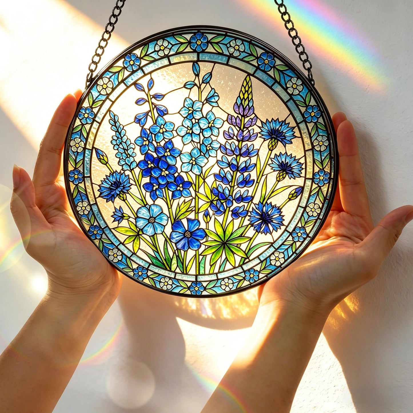 Botanical Stained Glass Window Hanging, 7.8 Inch Blue Wildflower Stained Glass Suncatcher, Sun Catchers Indoor Window Ornament, Suncatcher for Windows, Doors & Home Decor, Birthday Gift for Her