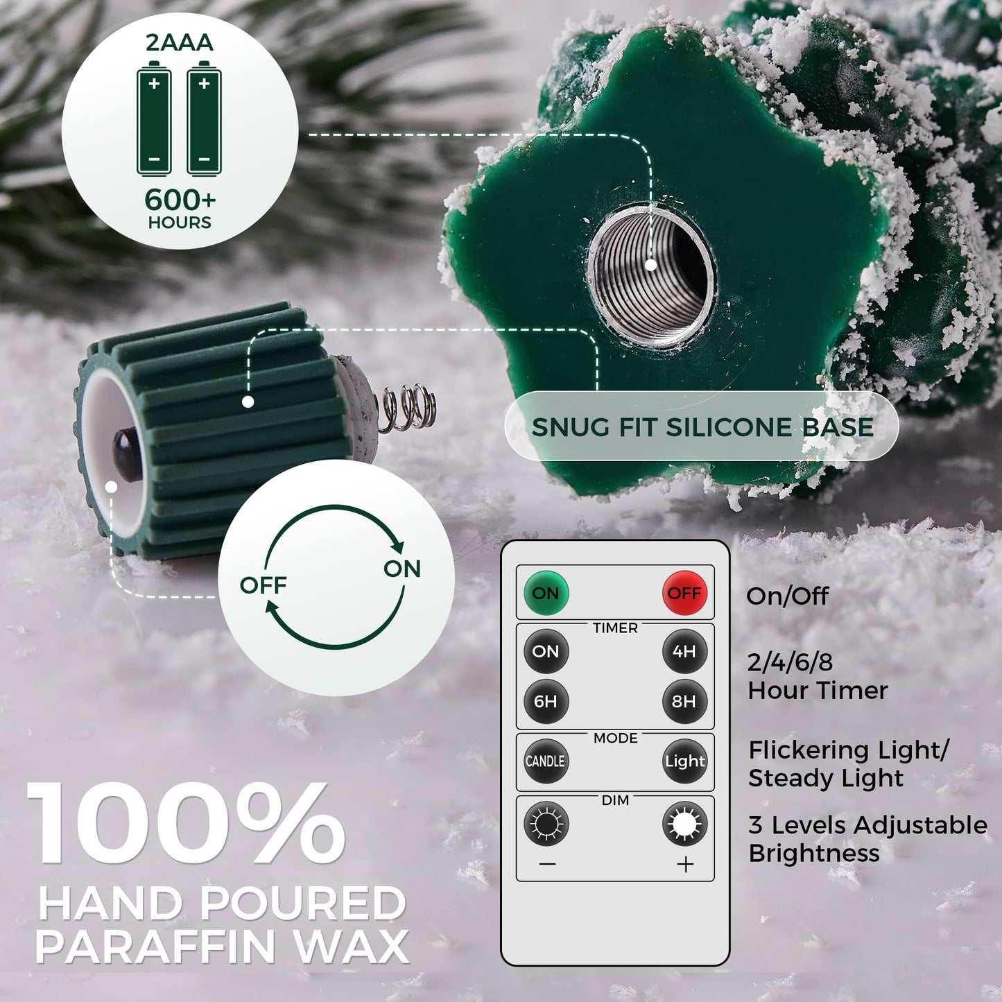 Velsyn 4 Pack Christmas Tree Candles Covered in Snow with Remote, 11 Inch Real Wax flameless Taper Candles, LED Candle Battery Operated with 3D Flickering Flame, Green Candlesticks Christmas Decor