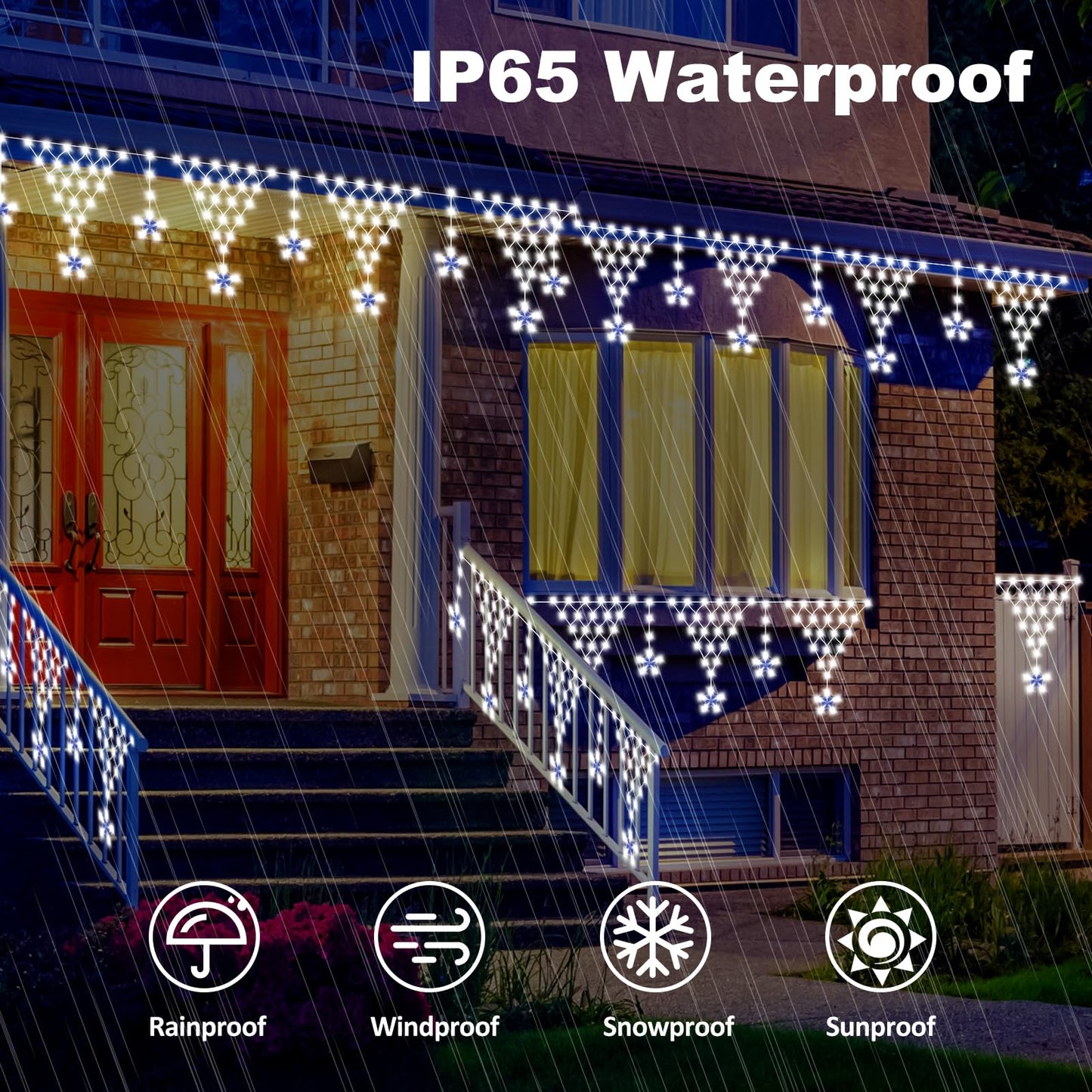 Ramadan Outdoor String Lights Waterproof, 218 LED 13.8FT Star Curtain Fairy Lights with 12 Drops Connectable Clear Wire Christmas Light Decorations 8 Modes for Eaves Yard Wedding Party Holiday Decor