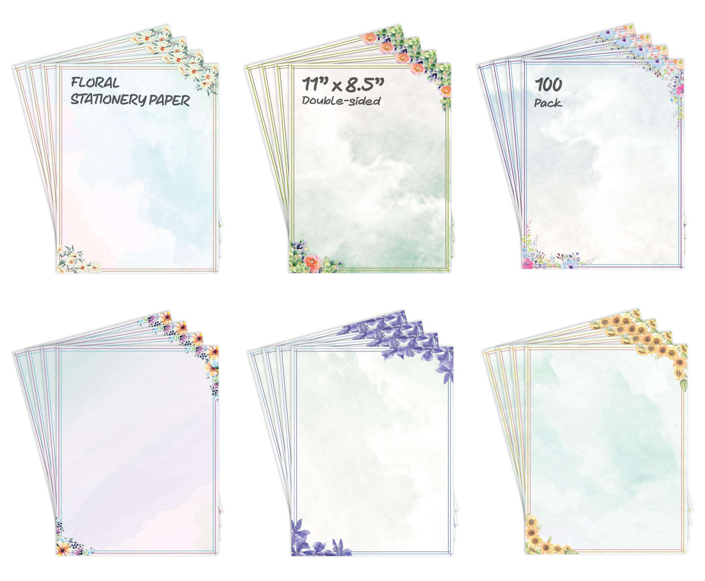 Better Office Products Stationery Paper, 100 Sheets, Floral Letter Writing Stationery, Letter Size 8.5 x 11 inch, 6 Unique Double Sided Designs, 100 Pack