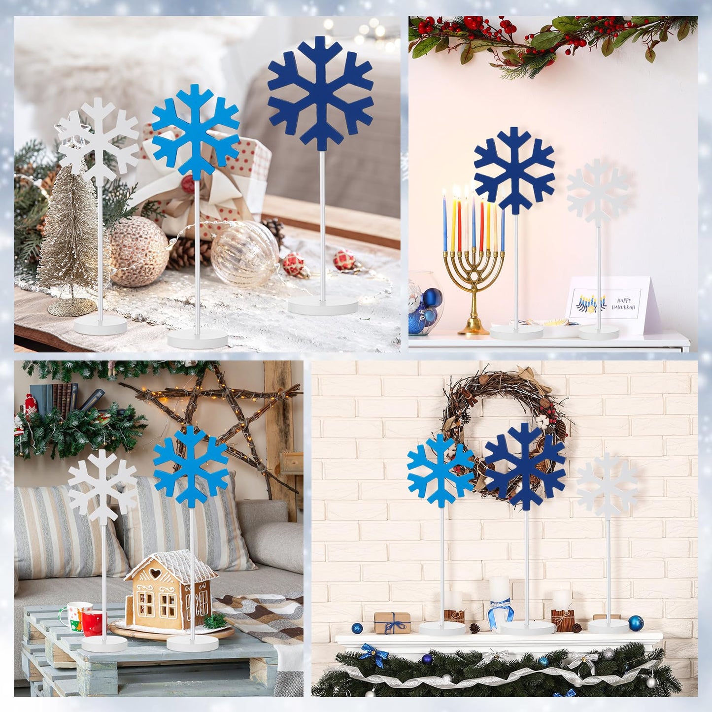 Spiareal 3 Pcs Standing Wooden Snowflakes Block Tabletop Decor Wood Snowflake Centerpiece Ornaments Rustic Home Decor for Winter(Dark Blue, Light Blue, White)