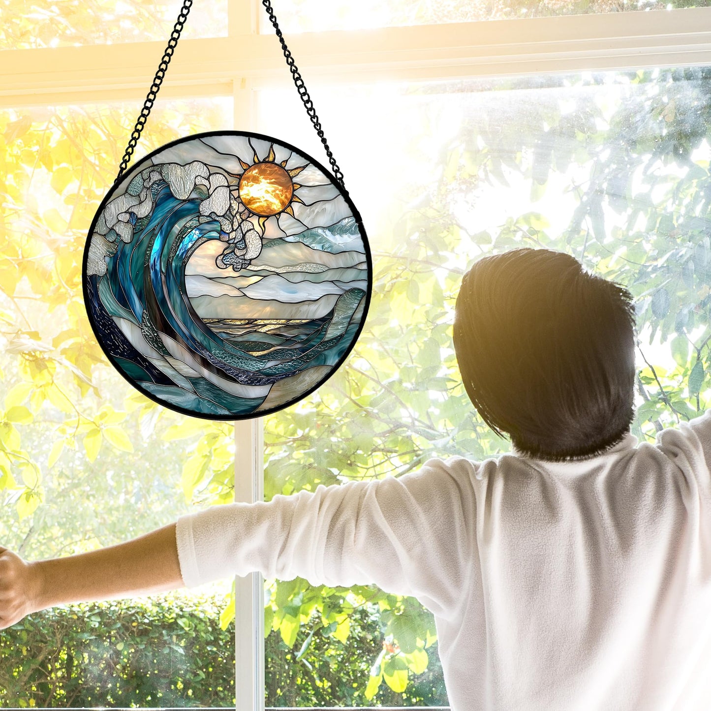 DASTOLL Stained Glass Window Hanging, Blue and White Waves Suncatcher Diamond Glass Panel Landscape Sun Catchers Decor for Birthday for Women, Men, Wife, Aunt, and Mom 9.8 in