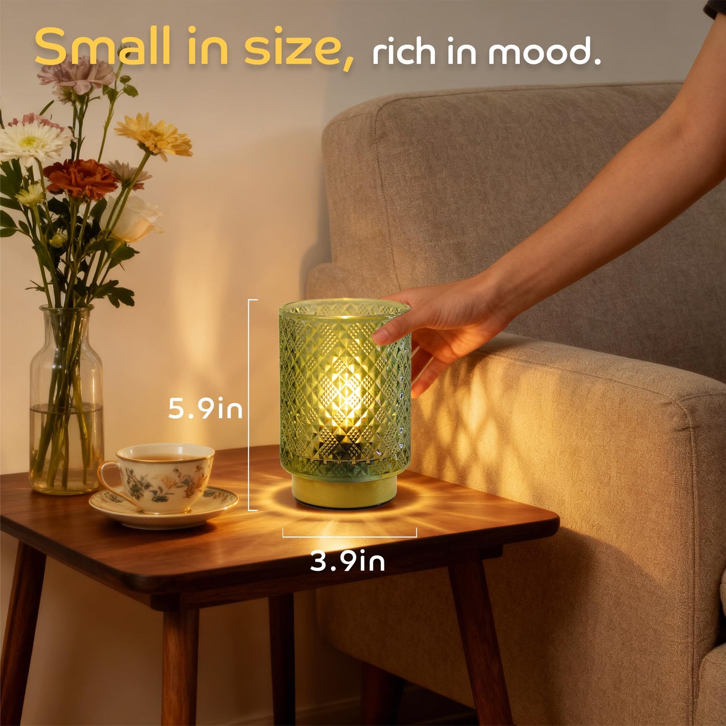 LUSHARBOR Battery Operated Lamp with Timer, Small Table Lamp for Shelf Decor, Glass Cordless Lamps Bedside Cozy Light for Living Room/Coffee Table/Entryway Diamond Design-Green
