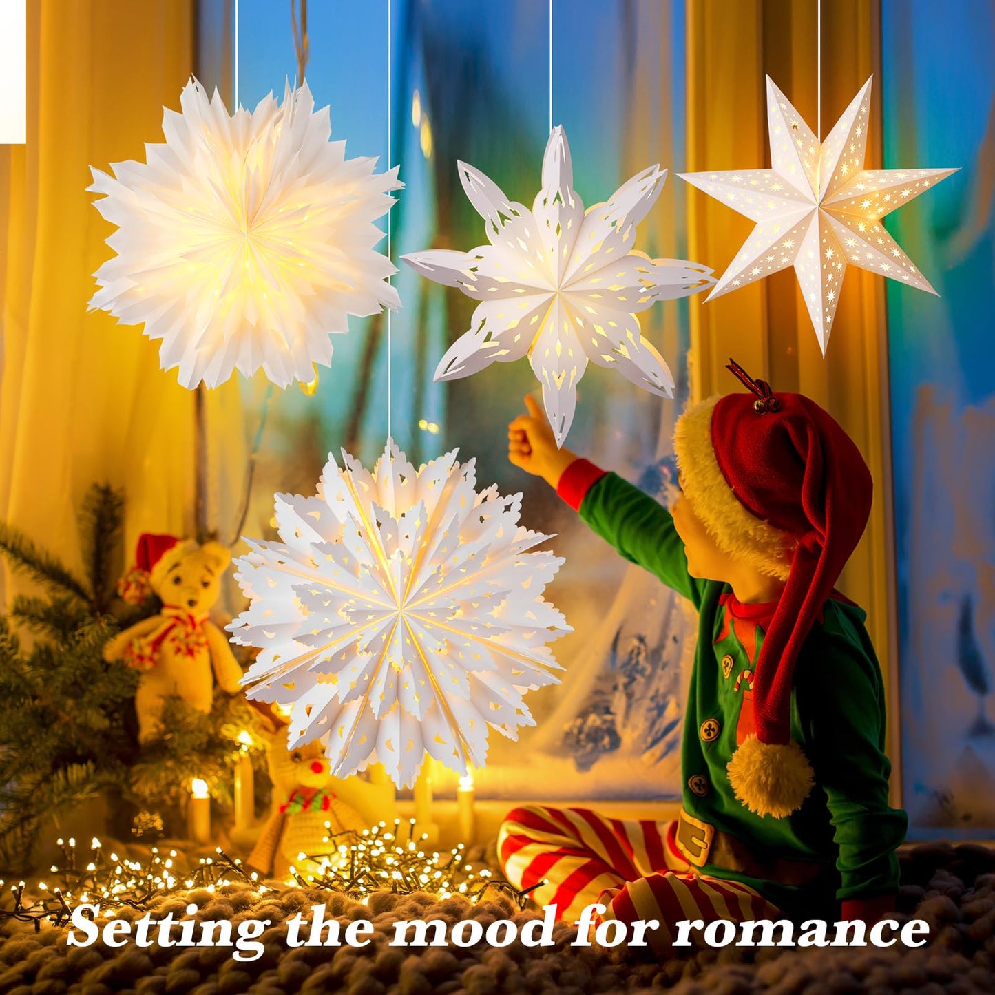 Watersay 6 Pack Christmas in July Snowflake Paper Lantern Summer Christmas Star Paper Lanterns with 6 LED Light White Hanging Lamp Ornaments for Xmas Weddings Birthday Party Decoration(Stylish Style)