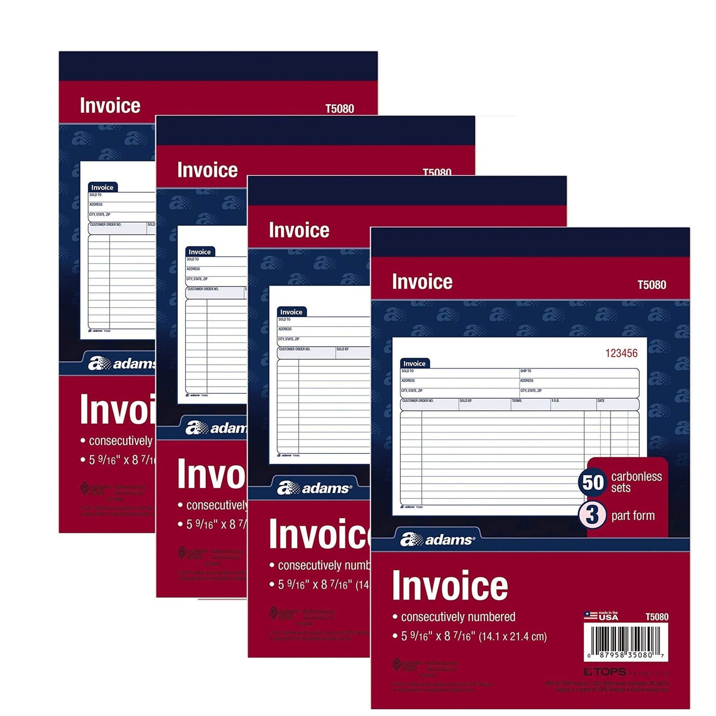 Adams Invoice Book, 3-Part, Carbonless, 5-9/16 x 8-7/16 Inches, 50 Sets per Book (T5080) (4)