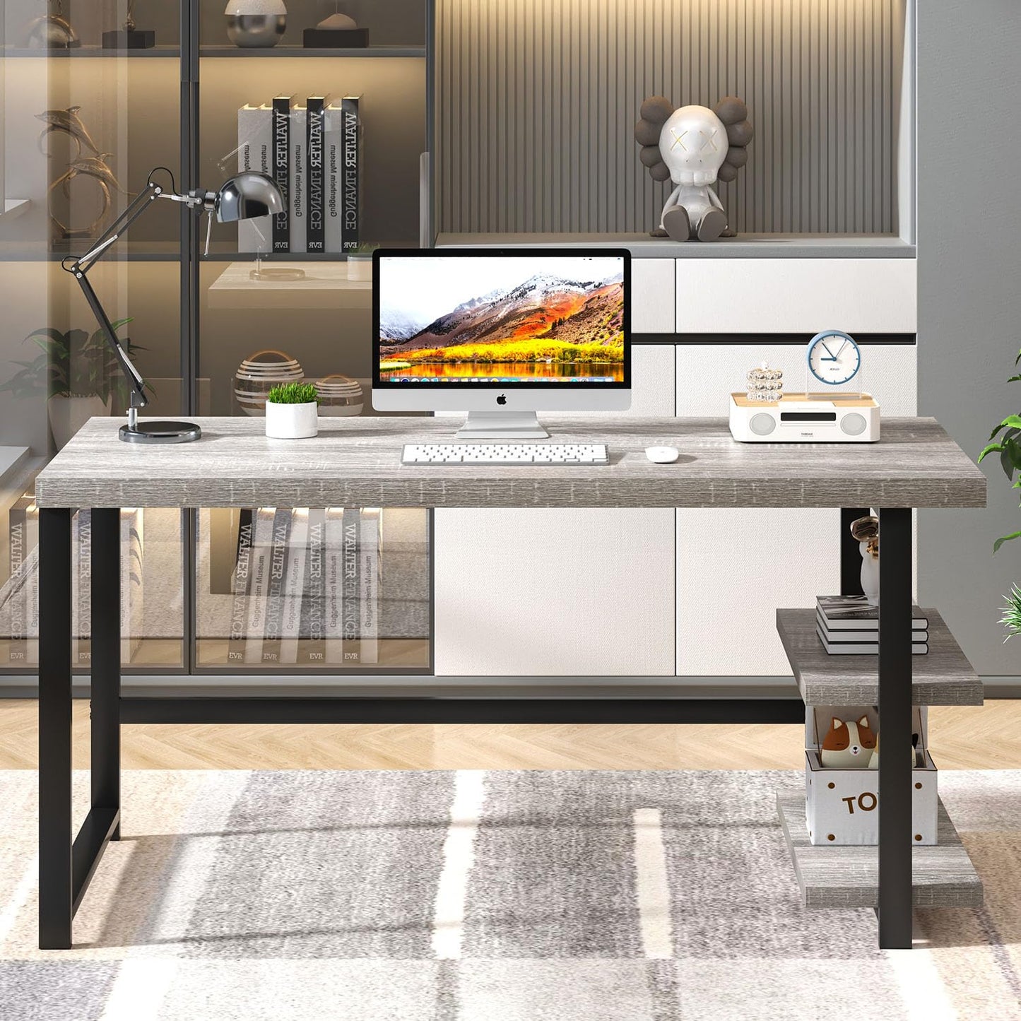 FOLUBAN 47 Inch Home Office Desk, Modern Computer Desk with Storage Shelves, Small Study Writing Gaming Table Workstation for Living Room Bedroom, Industrial Light Grey