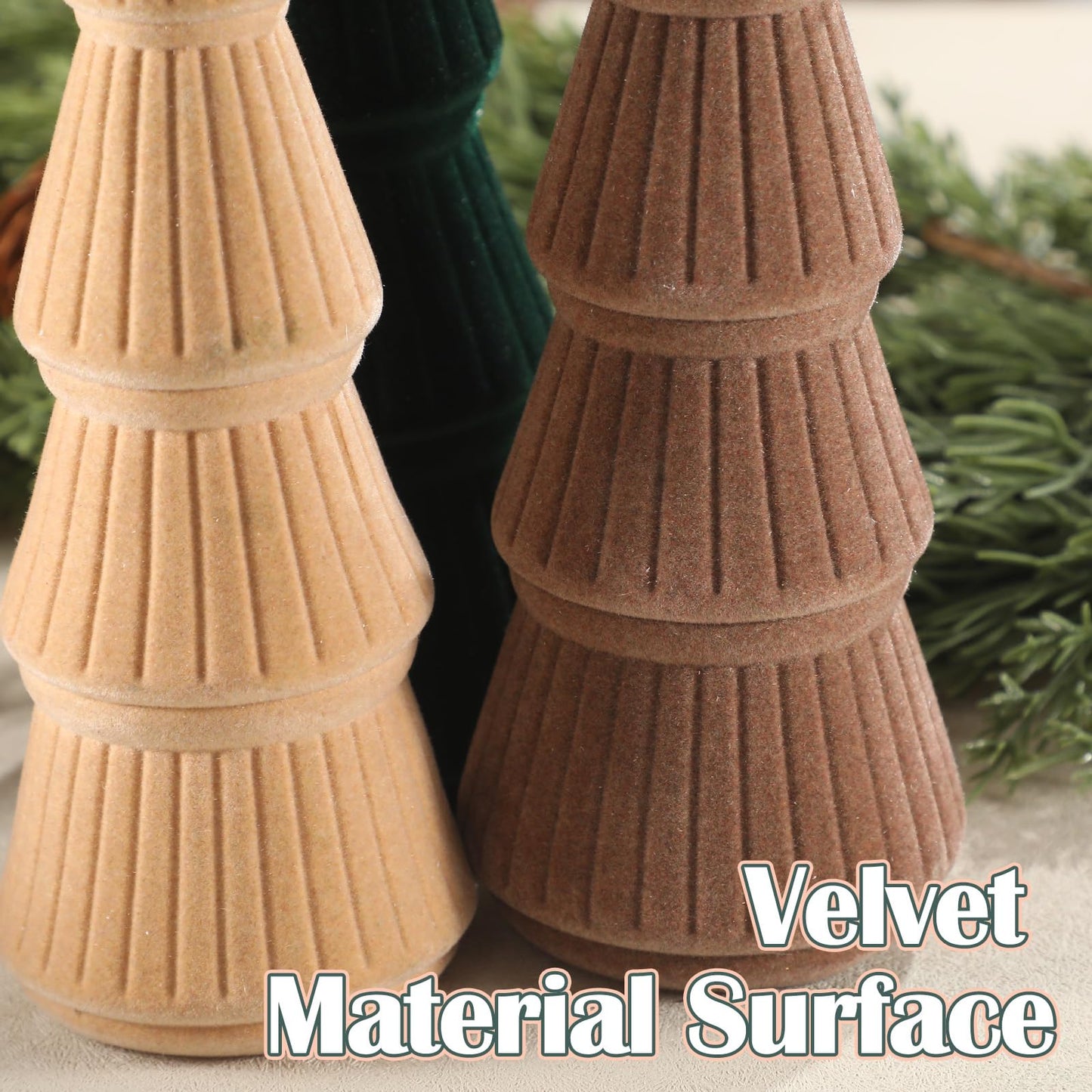 Bucherry 3 PCS Velvet Christmas Tree Figurines Decoration - 8" 10" 14" Modern Cone Christmas Tabletop Home Rustic Centerpiece Set for Winter Holiday Mantel Entryway Party Decor(Green and Khaki)