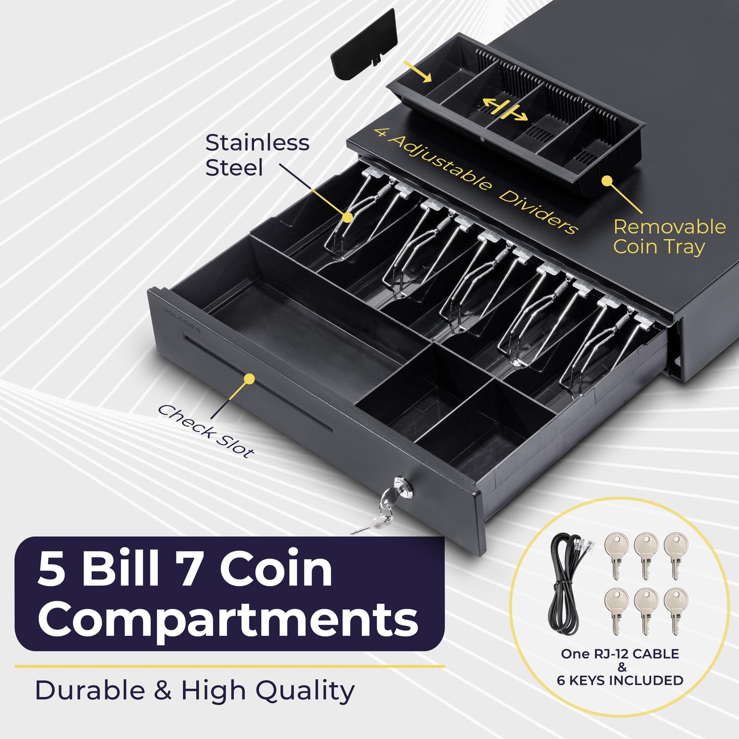 Volcora Cash Register Drawer for Point of Sale (POS) System, 5 Bill/7 Coin, 16" with Adjustable Coin Slots, 12-24V, RJ11/RJ12 Key-Lock, Media Slot, Black