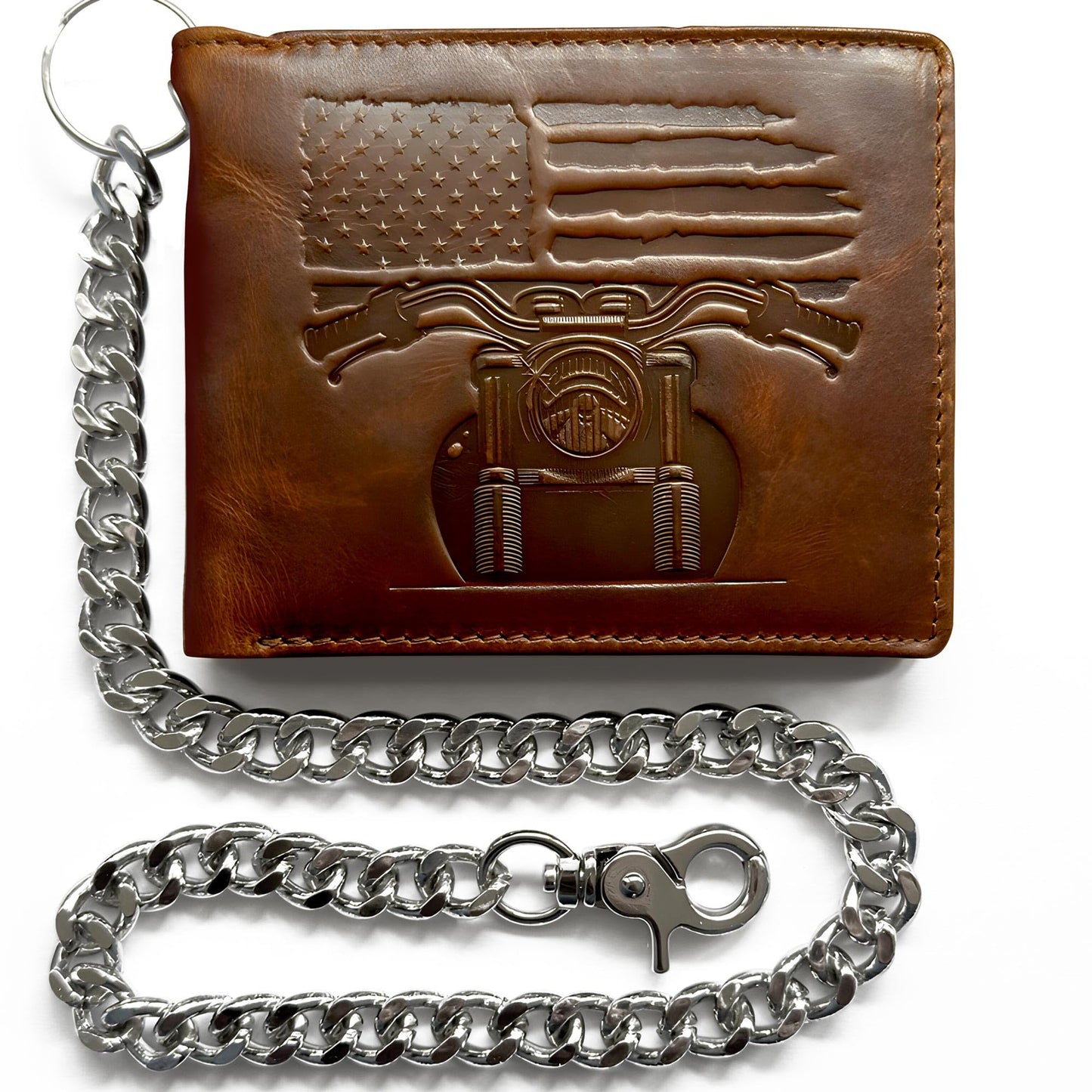 MID WEST RANGE Father's Day Wallet - Patriotic Biker Bifold Wallet with Chain for Men – Distressed Brown Leather, RFID-Blocking w. 10 Card Slots, Flip-Out ID Holder, American Flag & Motorcycle Design