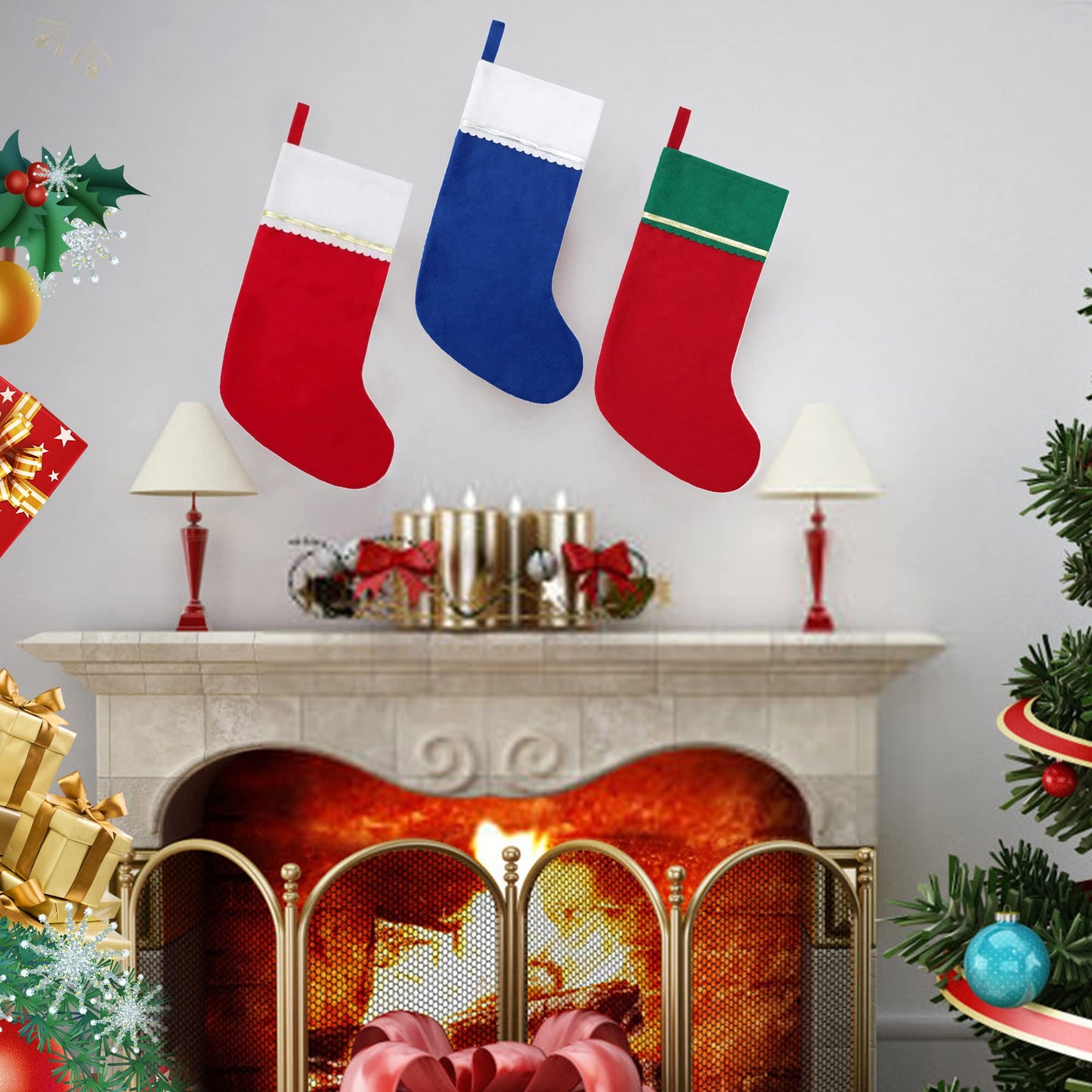 Tokforty 12 Pack Felt Christmas Stockings, 19 Inches Red and White Christmas Stockings Hanging Ornaments, White Cuff with Gold Trim Christmas Stockings for Family Christmas Holiday Decorations