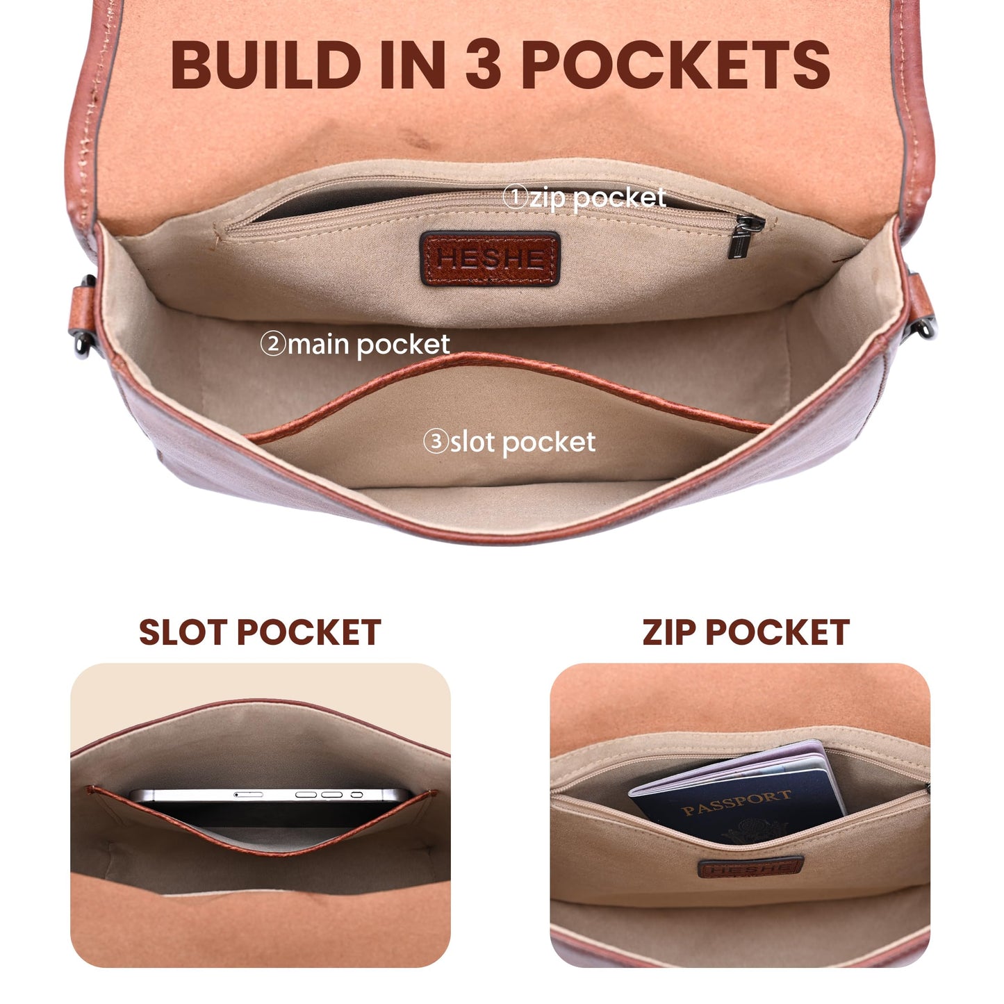 HESHE Geuinue Leather Purses for Women Crossbody Bags Shoulder Handbag Vintage Flap Saddle Purse Travel Cross Body Bag Hobo Satchel with Pockets(Brown)