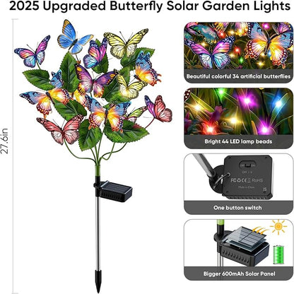 Solar Lights Outdoor Garden Decor: Gardening Gifts for Women Mom - 2 Pack 34 Butterfly Solar Lights with Colorful Bulbs - Outside Waterproof Christmas Decorations for Yard Patio Pathway Porch Lawn
