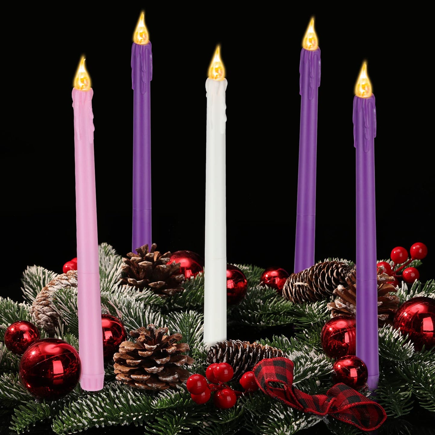 BBTO Christmas Flameless Advent Candles Set of 5 Battery Operated Candles LED Taper Candle Purple & Pink Glitter Flickering Candle for Christmas Fireplace Wreath Decor(Teardrop Style)