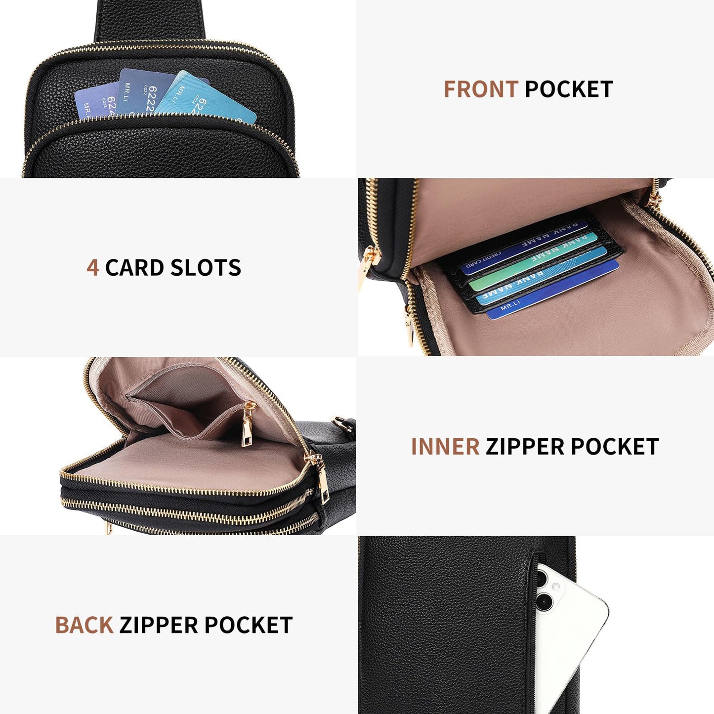 FALAN MULE Small Crossbody Sling Bags Fanny Packs Leather Purses Chest Bag for Women (A-Black)