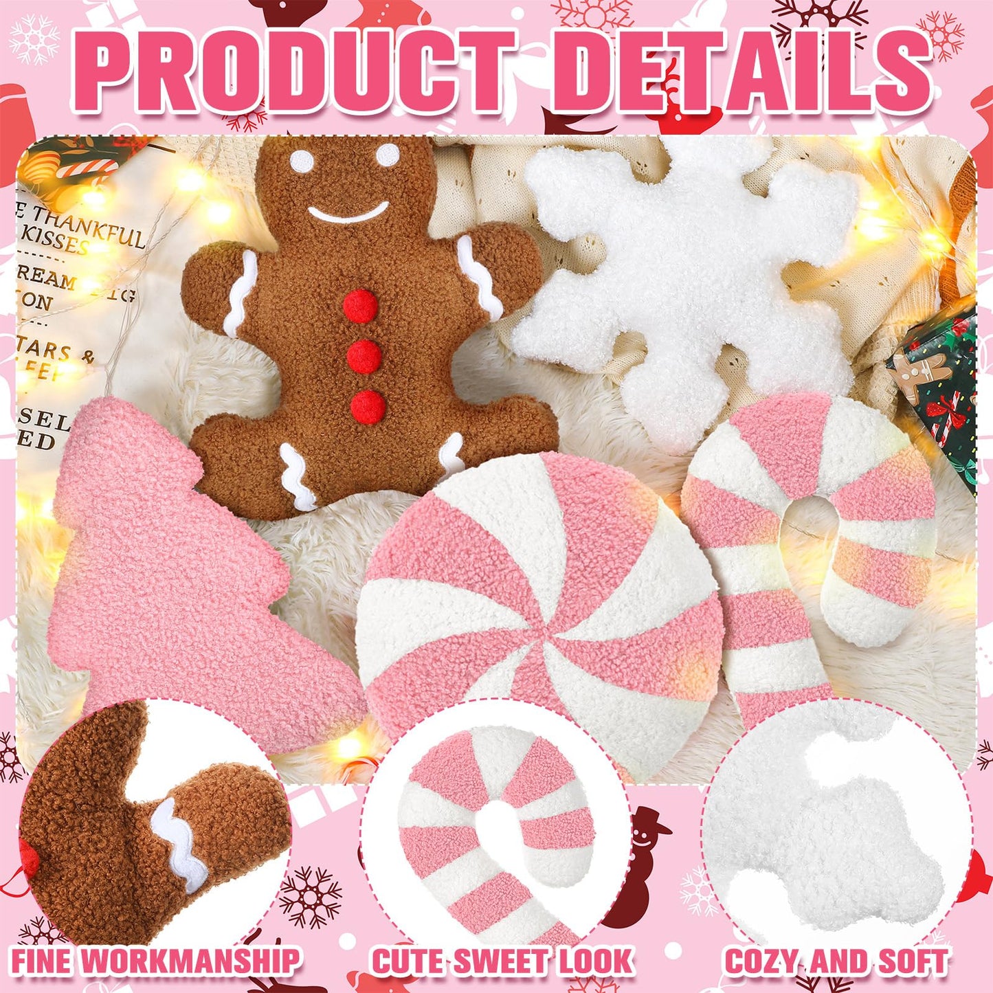 Memorywuu 5 Pcs Pastel Pink Christmas Throw Pillows Stuffed Plush Xmas Tree Gingerbread Man Snowflake Pillow Stripe Candy Cane Peppermint Shape Cushion for Home Sofa Bed Couch Living Room