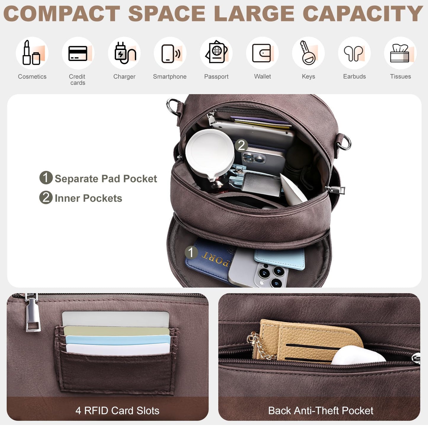 SYTRAH Small Backpack Purse for Women, Mini Backpack Vegan Leather with RFID Blocking & Tablet Pocket, Cute Shoulder Handbag for Travel, School & Work Coffee Brown