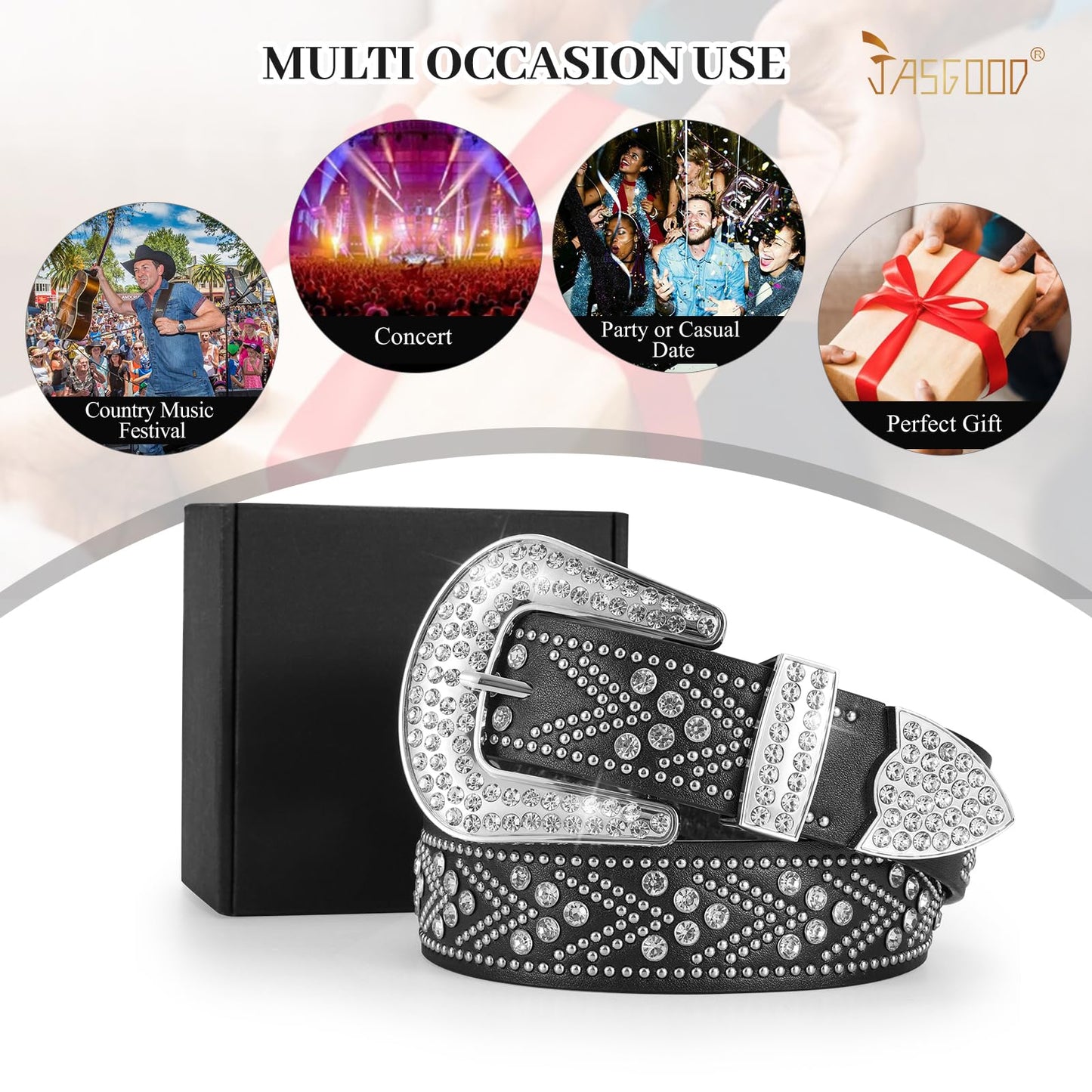JASGOOD Rhinestones Belt for Women Men Plus Size Western Cowboy Cowgirl Studded Diamond Leather Waist Belt for Jeans Pants