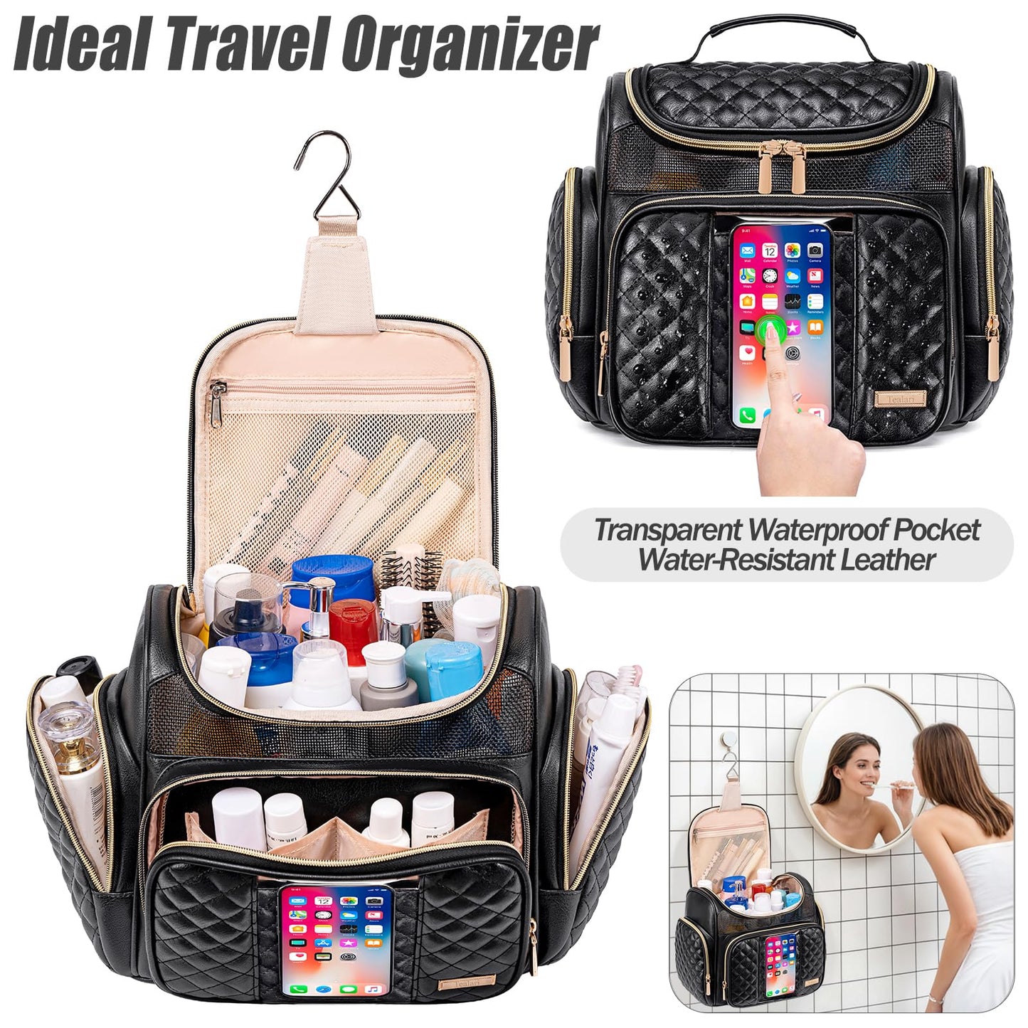 Large Leather Toiletry Bag for Women Men,Bathroom Bag,Water Resistant Shower Bag,Makeup Bag,Portable Shower Caddy for College Dorm,Hanging Travel Toiletry Bag with Transparent Waterproof Phone Pocket