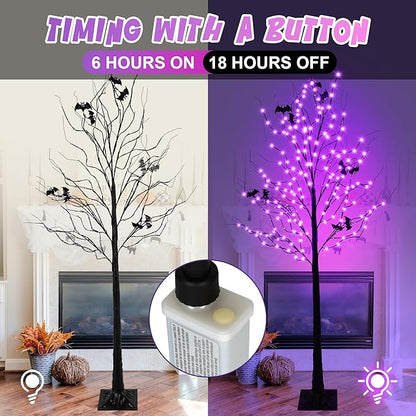 Halloween Lighted Tree with 260 LED Lights, 6FT Black Halloween Tree with Timer, 8 Modes, Dimmable, Spider Web & Bats DIY, Indoor Outdoor Halloween Decorations