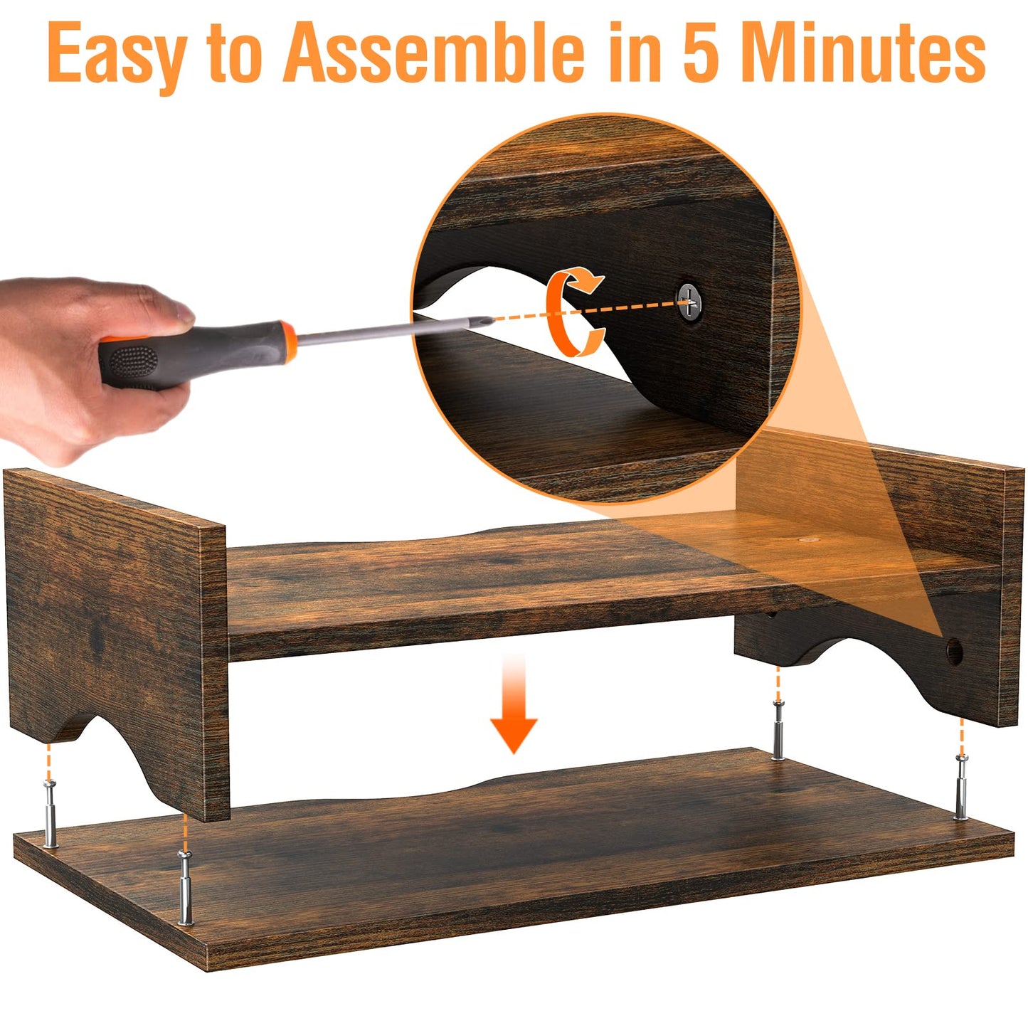 Mountory Monitor Stand Riser, 2 Tiers Wood Monitor Riser Stand with Desktop Shelf Storage Organizer, Ergonomic Desk & Tabletop Organizer Desktop Stand for Laptop Computer, MacBook, PC(Rustic Brown)