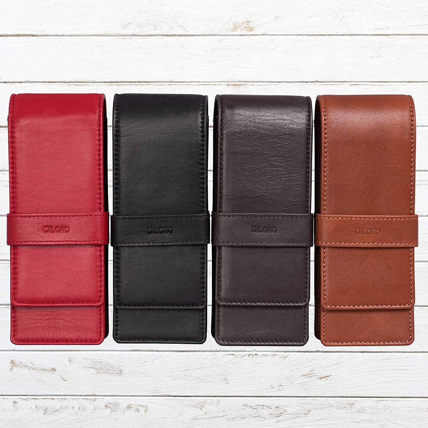 DiLoro Leather Triple Pen Case Pencil Pouch Holder for Three Fountain Ballpoint Rollerball Pens and Pencils (Beige)