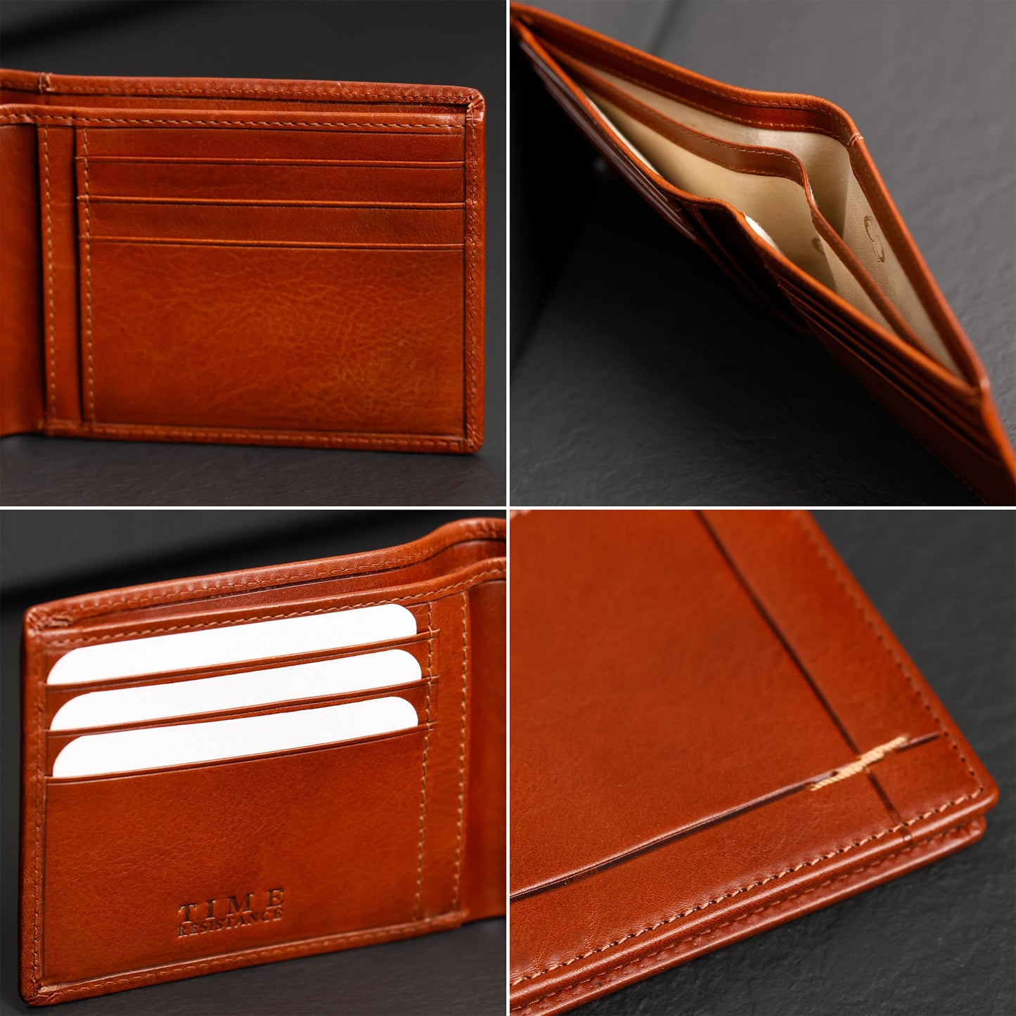 Time Resistance Leather Wallet – Italian Handmade Minimalist Billfold for Cards and Cash – Slim Full-Grain Leather Wallet (Cognac)
