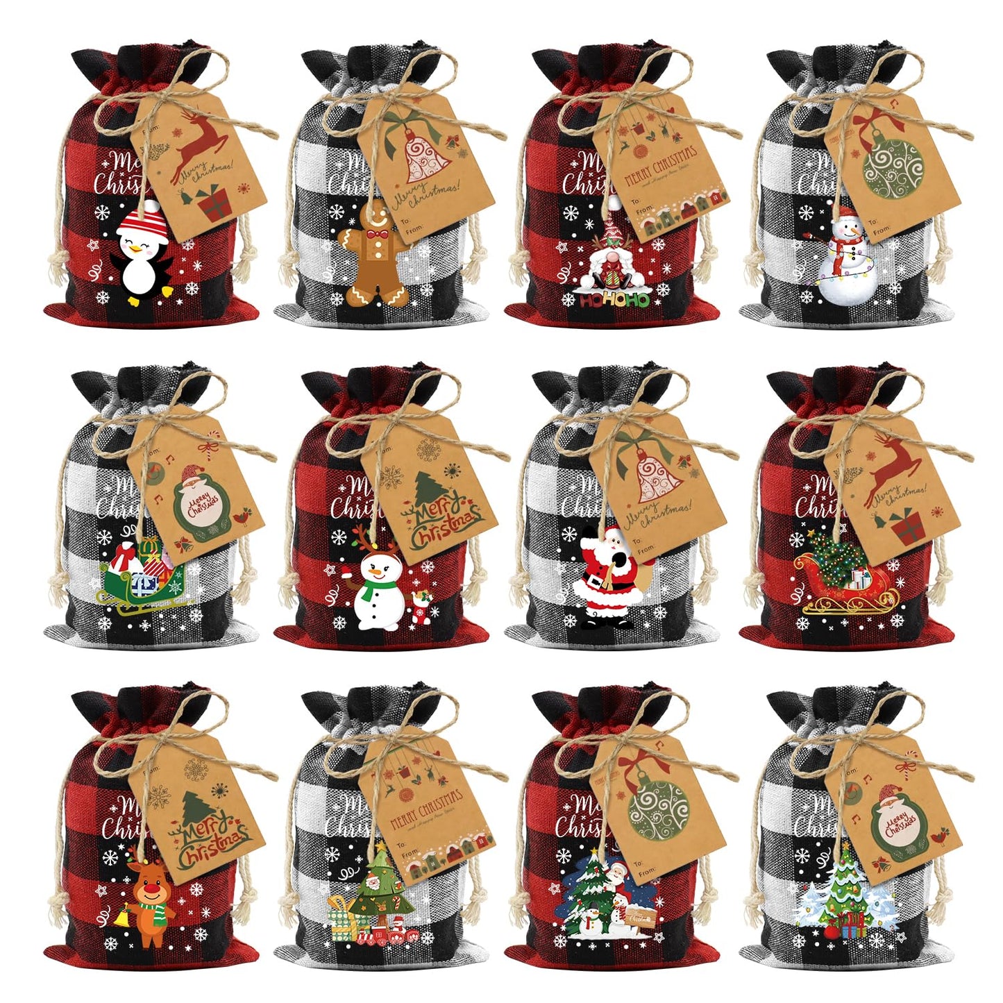 Aviski 60PCS Cotton Small Christmas Drawstring Candy Treat Bags Buffalo Plaid Xmas Xmas Christmas Fabric Goody Gift Sacks Reusable Gift Wrapping Bags Holiday Party Favors - Red/White