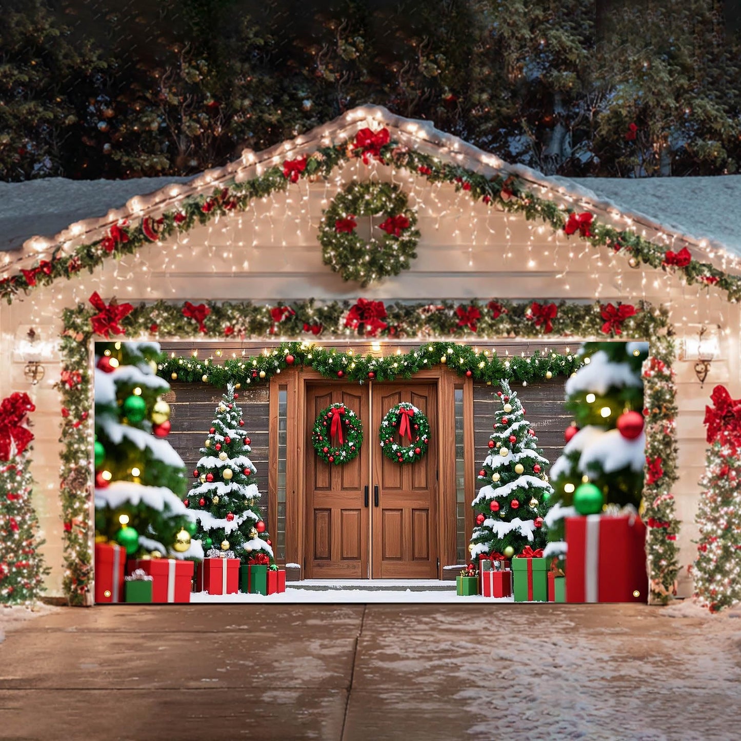 HOMETITUTE Christmas Garage Entryway Banner 13x6ft Rustic Wood Entryway Scene with Festive TreesGift Boxes Snowflakes Lights Outdoor Holiday Yard Display Backdrop Photo Background
