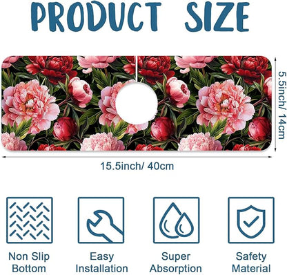 Blooming Peony Kitchen Sink Splash Guard Faucet Mat Pink Peony Flowers Super
